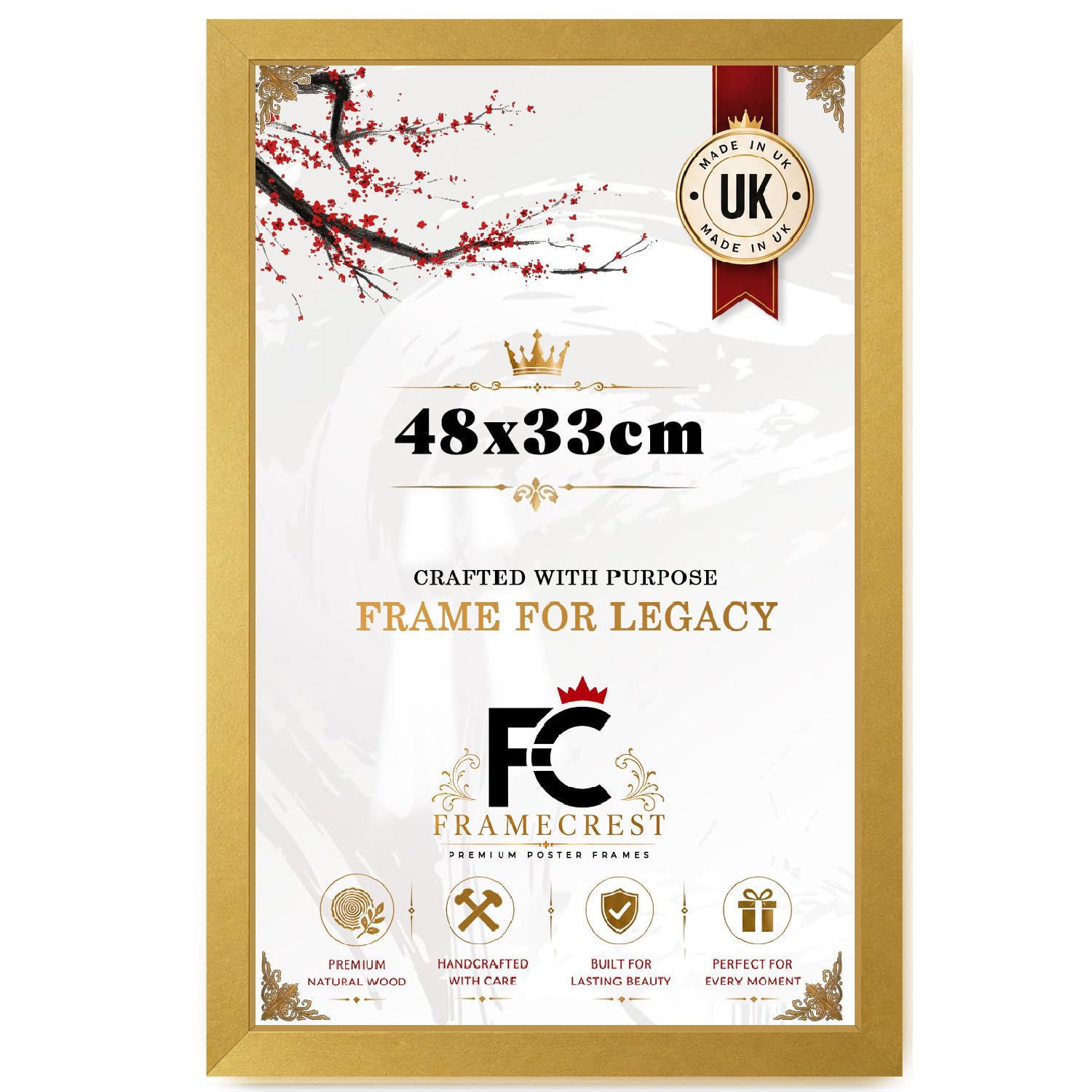 FRAMECREST Classic MDF Poster Frame | 48x33cm Size for Posters, Certificates, and Prints | Wood Finish, Rectangle | Backboard and Perspex Included | Metal Clip to Hold Photos Print - [Gold]