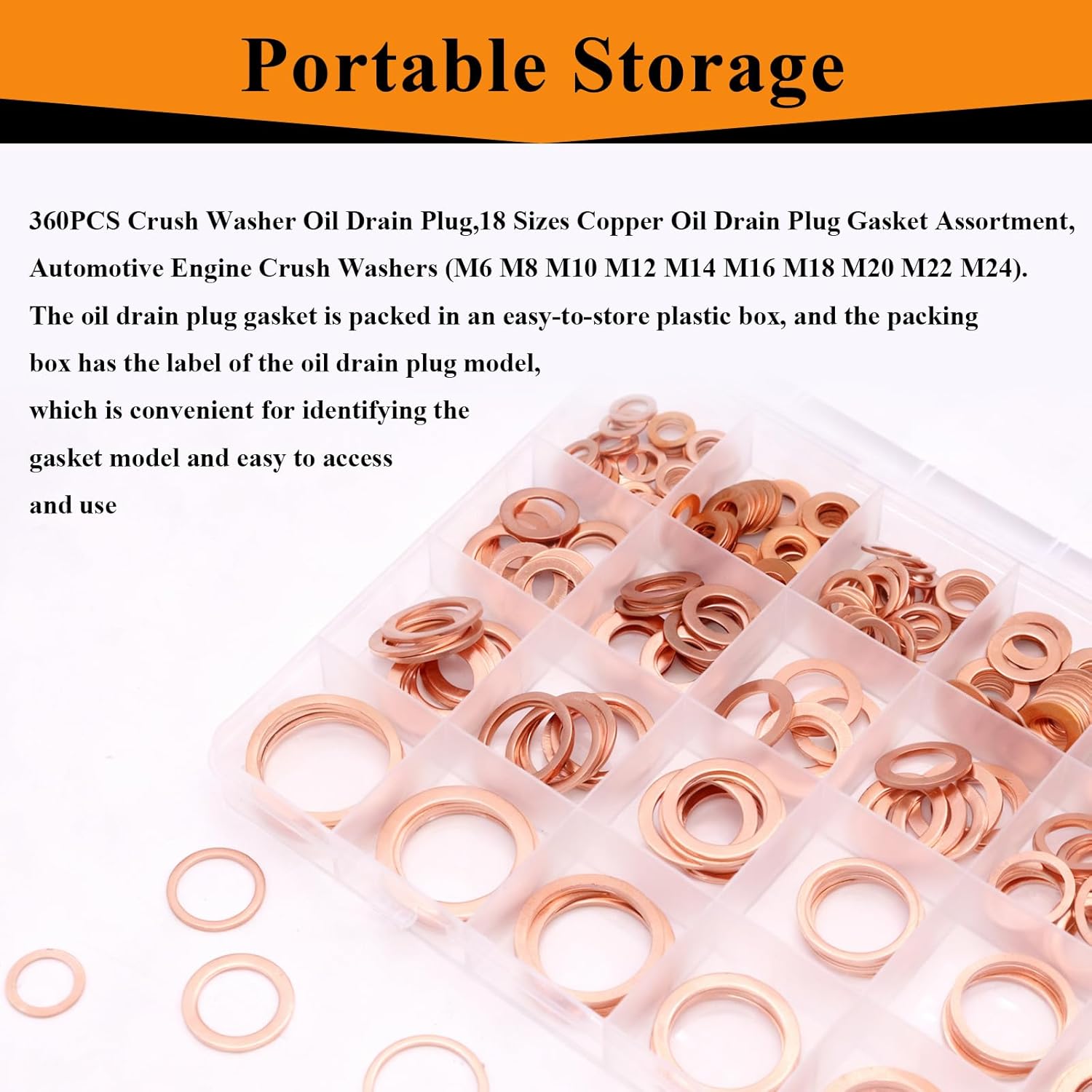360PCS Crush Washer Oil Drain Plug,18 Sizes Copper Oil Drain Plug Gasket Assortment,Automotive Engine Crush Washers (M6 M8 M10 M12 M14 M16 M18 M20 M22 M24)