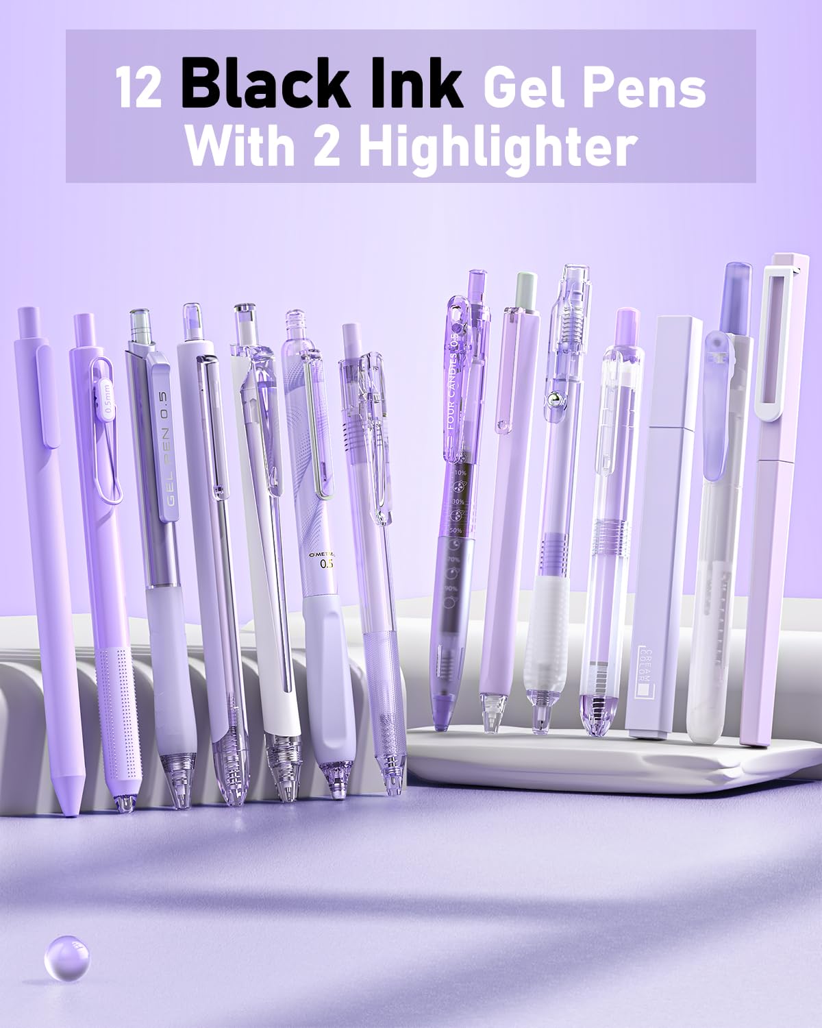 Four Candies 14Pack Gel Ink Pens Set,Retractable 0.5mm Fine Point Pen,Note Taking Aesthetic,11 Pcs Black Ink Pens and 1 Purple Ink Pen with 2Pcs Highlighter for School,Office(Purple) - Image 2