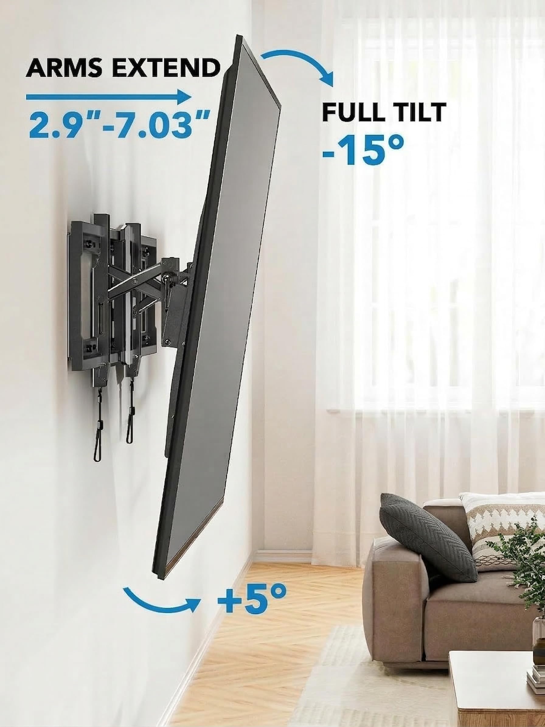 Pipishell Soporte de pared para TV con certificación UL para televisores de 42 a 90 pulgadas de hasta 130 libras, soporte de TV inclinable avanzado con inclinación completa de 15°, extensión de brazo