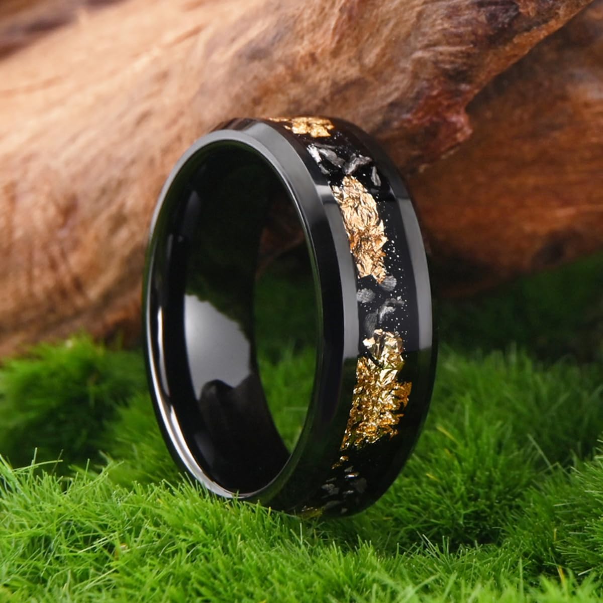 Black Tungsten Carbide Rings for Men Women 8mm/6mm Men's Wedding bands Inlaid with Gold Foil Meteorite Fragments, High Polishing and Comfortable fit - Image 2