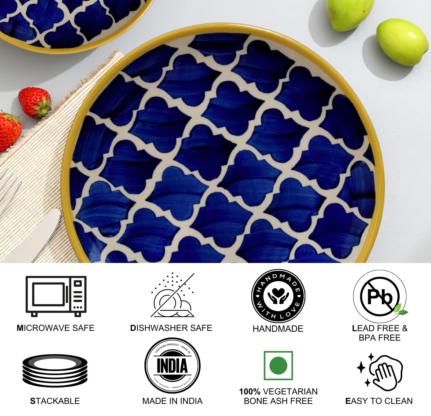 Freakway Premium Moroccan Hand Glazed Dinner Set of 12 Pieces for Dinner with Bowls | 6 Dinner Plates and 6 Serving Bowl/katori | Microwave & Dishwasher Safe - Blue 3