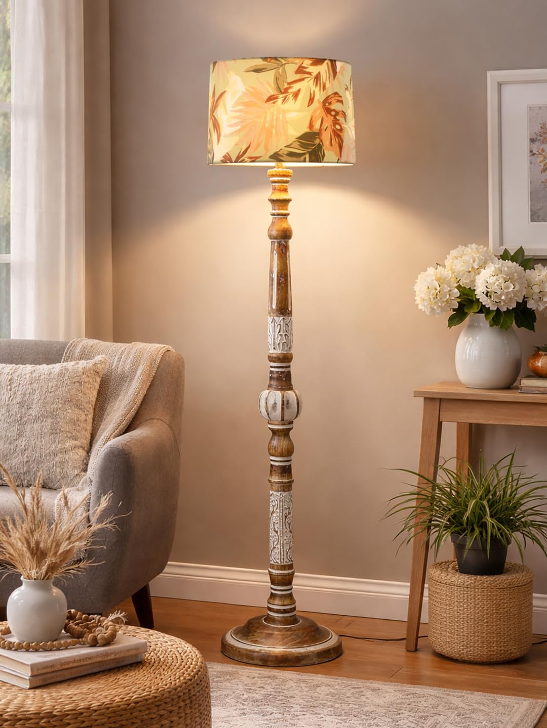 Decorcity Handcrafted Rustic Carved Wooden Floor Lamp with Carved Base | Vintage Tall Standing Light with Linen Shade for Living Room, Bedroom & Office Décor, Corner (Carving Palm Leaf)-image-3