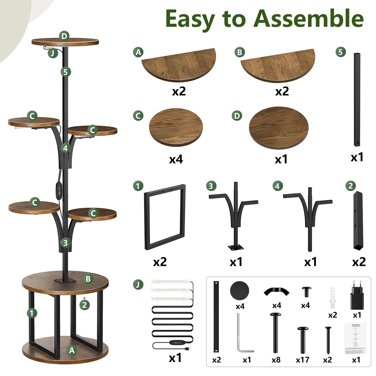 Scaffale per Piante con Luci di Crescita a Spettro Completo, 7 Livelli Torre Portafiori 148 cm in Metallo e Legno, Mensole per Piante da Interno ed Esterno con Timer e Presa UE