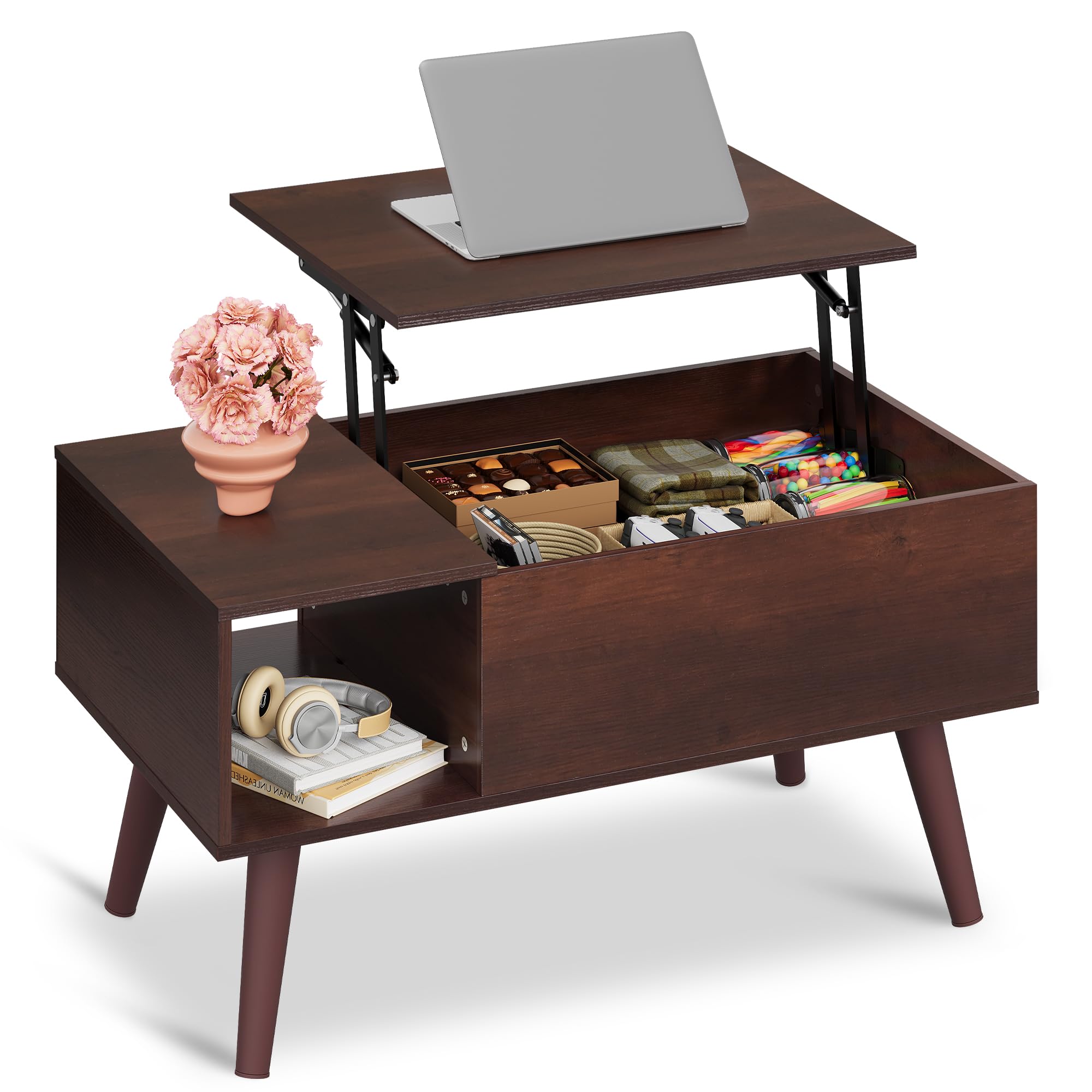 WLIVE Coffee Table for Living Room, Small Coffee Table with Storage, Lift Top Modern Wooden Dining Center Table with Storage Shelf & Hidden Compartment, 31.5" Espresso-image-9