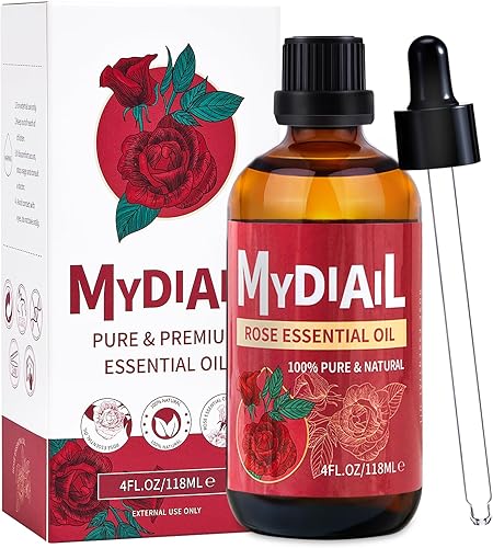 MYDIAIL Aceite esencial de rosa de 4.0 fl oz, aceite esencial de rosa natural prémium para cuidado de la piel, difusor, aromaterapia, masaje,