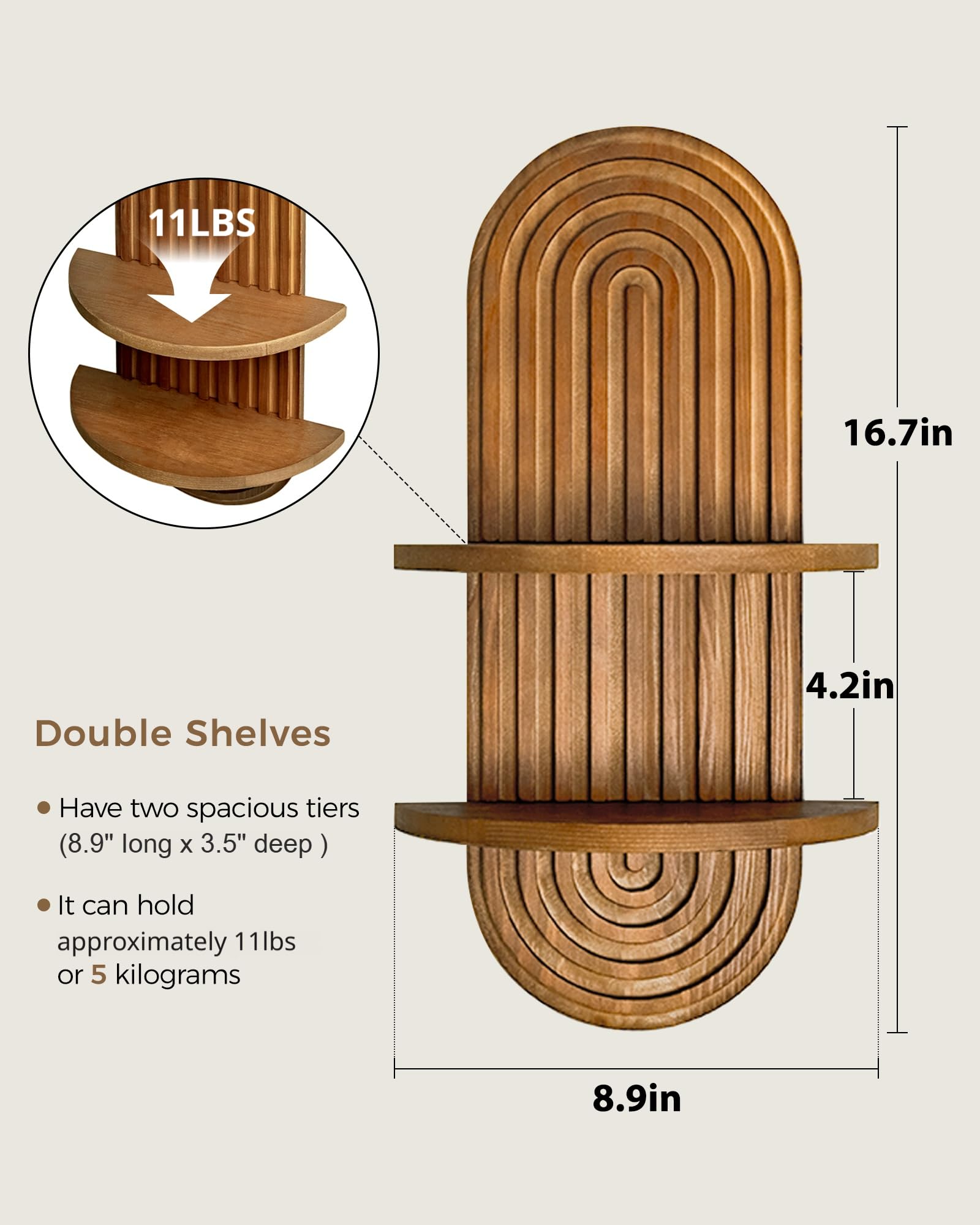 Boho Wall Decor Brown Plant Wall Shelf Mid Century Modern Decor Hanging Plant Shelf 16.7in 2 Tier Wooden Floating Shelves for Home Bathroom Bedroom Living Room Office Holding Planter - Gallery view