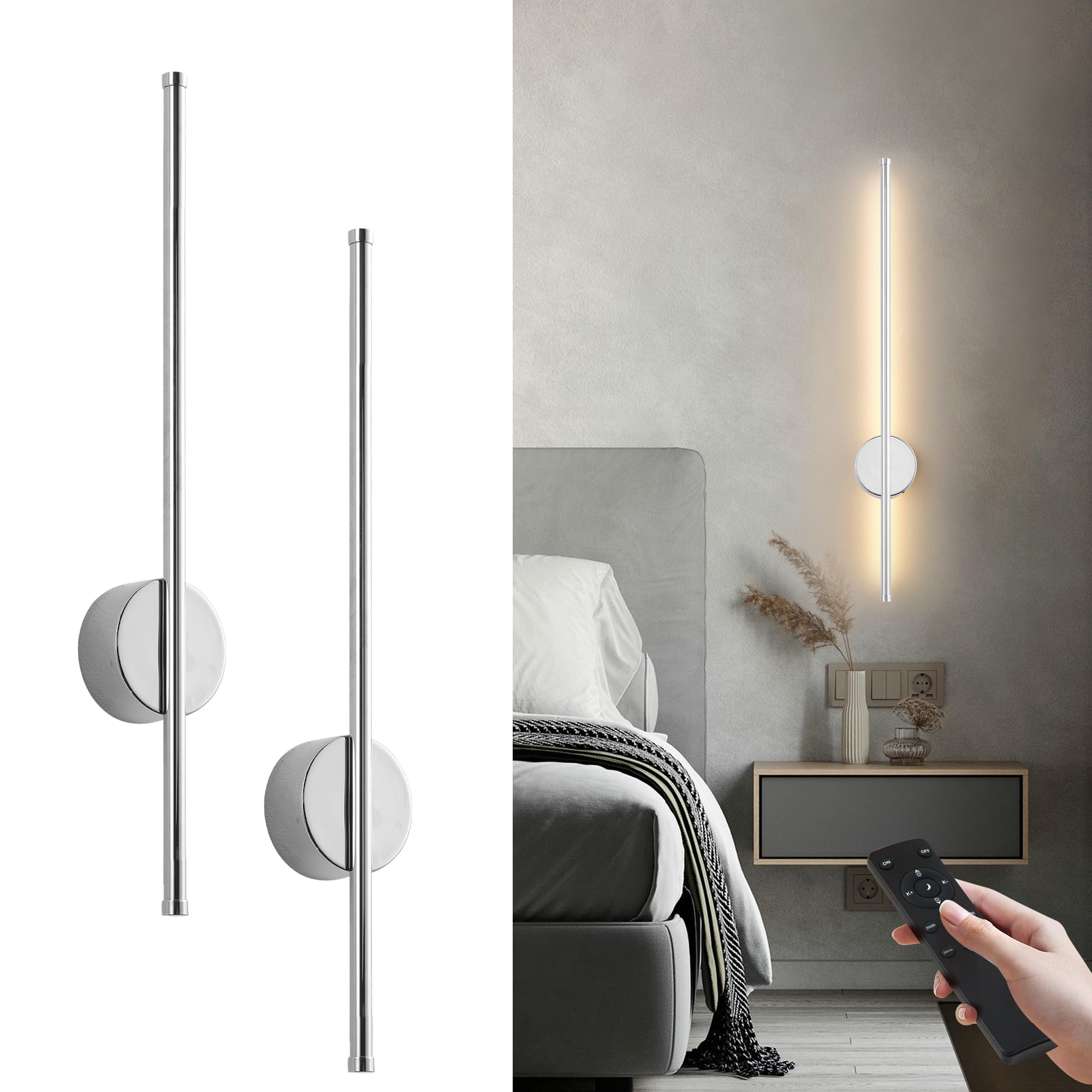 KARTOOSH Battery Operated Modern Wall Sconce Set of Two, 23.6 Inch Chrome