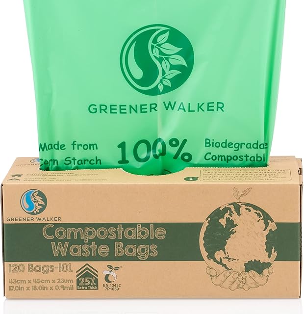 Greener Walker 25% Extra Thick Compost 6L/10L/30L Caddy Bin Liners-120 Bags Biodegradable Kitchen Food Waste Bags(10L)