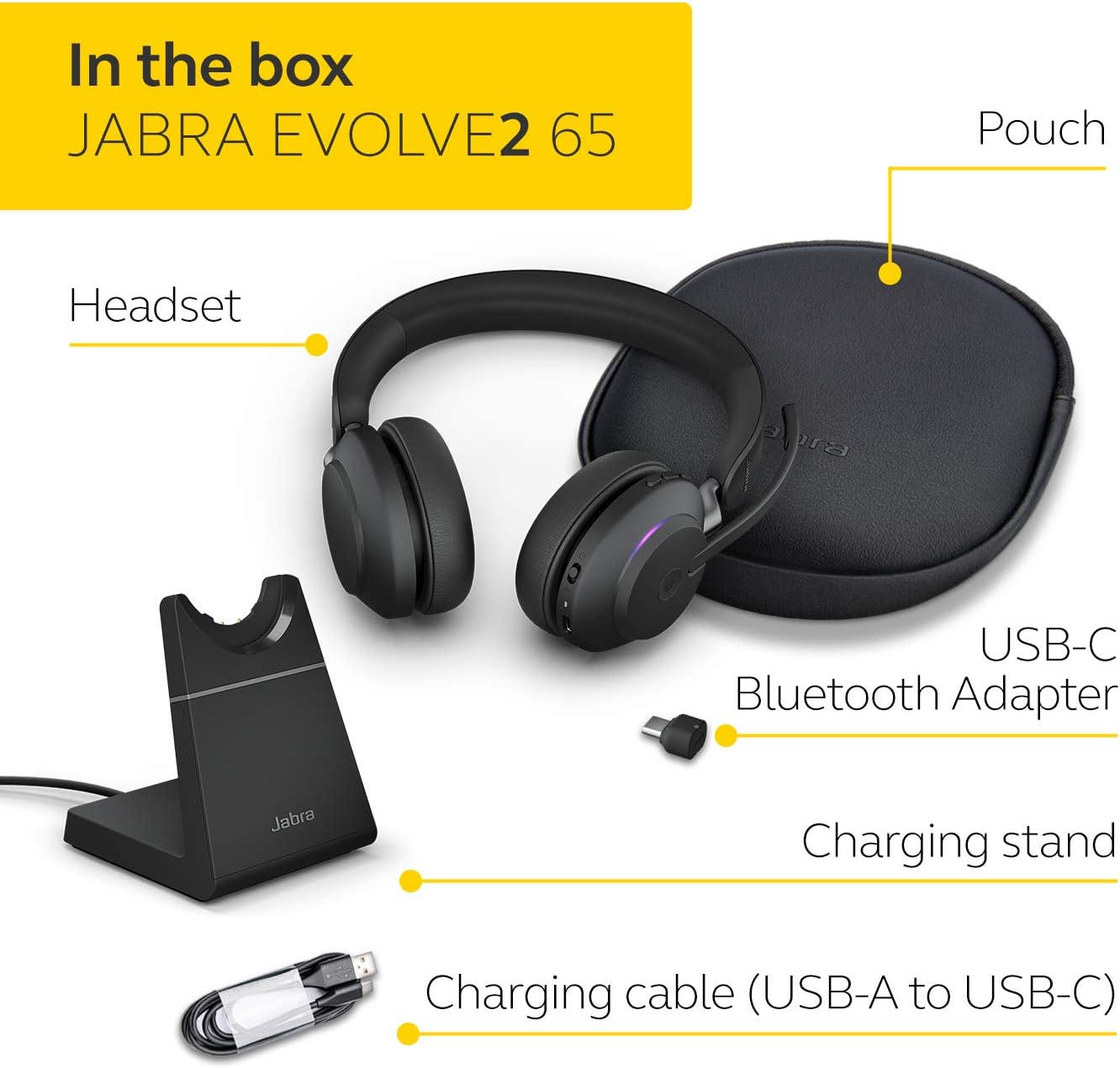 Jabra Evolve2 65 Bluetooth Wireless Headset with Mic for Calls and Music, Dual-Ear Headphones with USB-C Adapter and Charging Stand, Up to 37 Hours Battery, Works with Microsoft Teams, Black