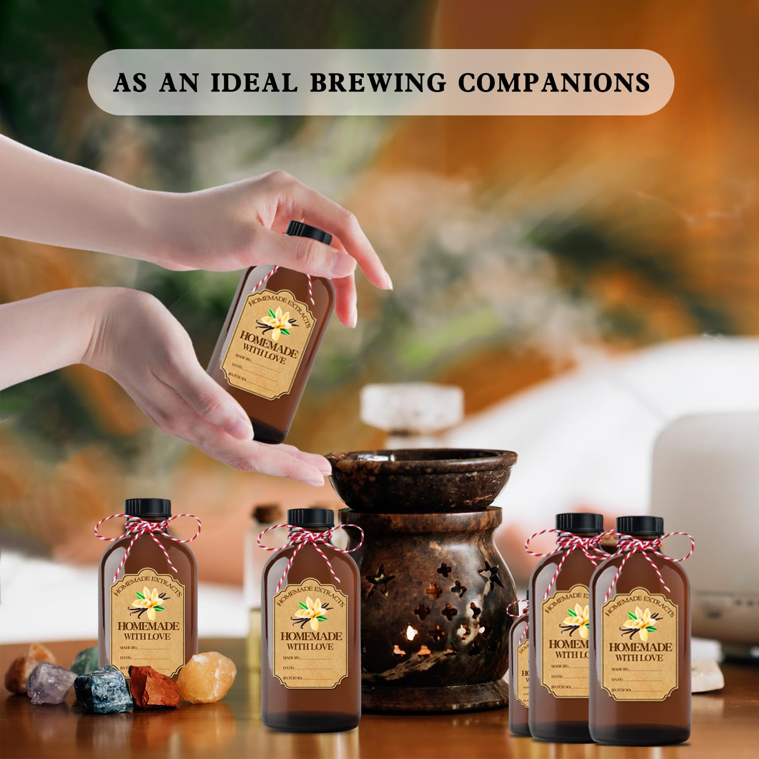 8 botellas de vidrio ámbar de 8 onzas, botellas redondas marrones con tapas, para extracto de vainilla casero, con calcomanías y embudo, para regalo de jarabe, juego de recipientes de almacenamiento