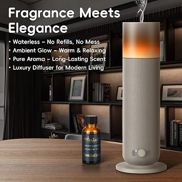 Waterless Diffuser with Fabric-Wrapped Design, OliveTech Cold Air Scent Diffusers for Home & Office, Hotel Collection Diffuser, Adjustable Intensity, Ambient Light, 1 x 30ml Essential Oil Included