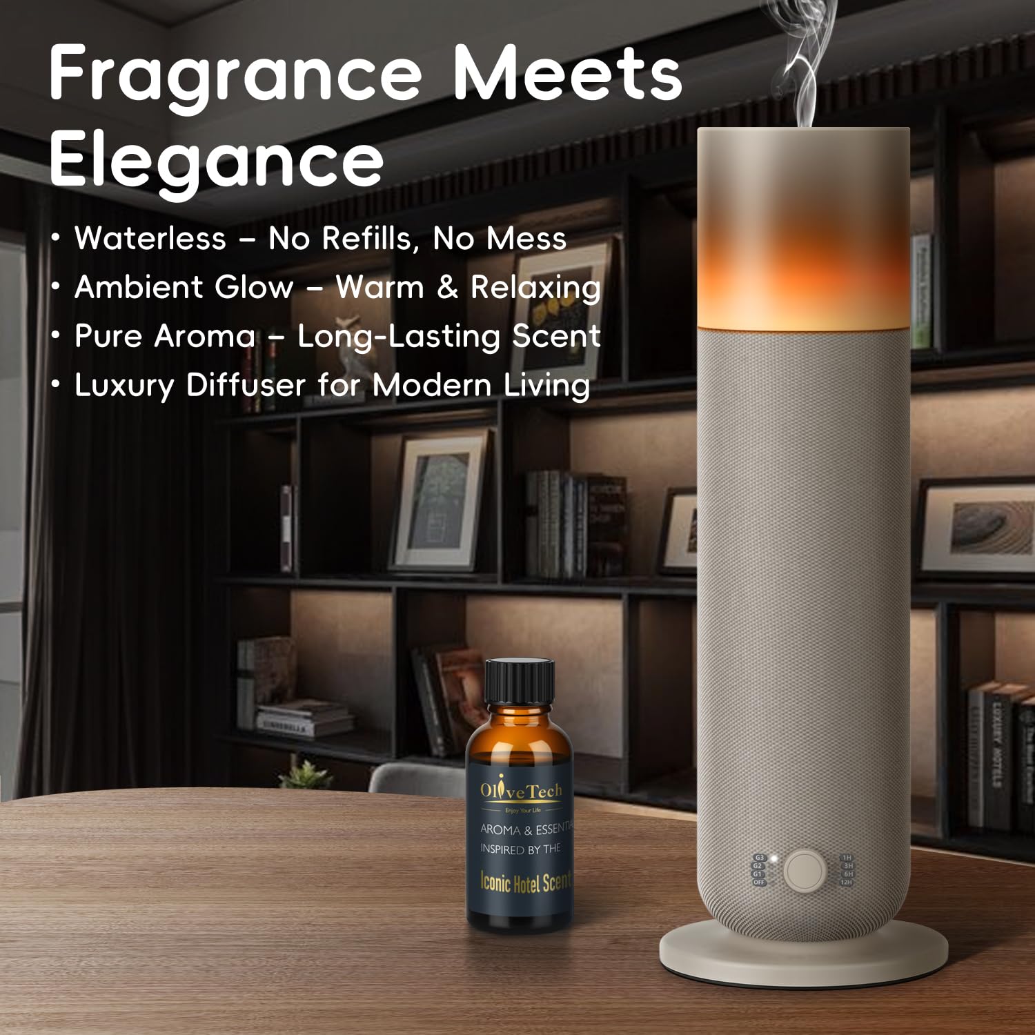 OliveTech Waterless Diffuser with an essential oil bottle, emphasizing its waterless operation, ambient glow, pure aroma, and long-lasting scent.