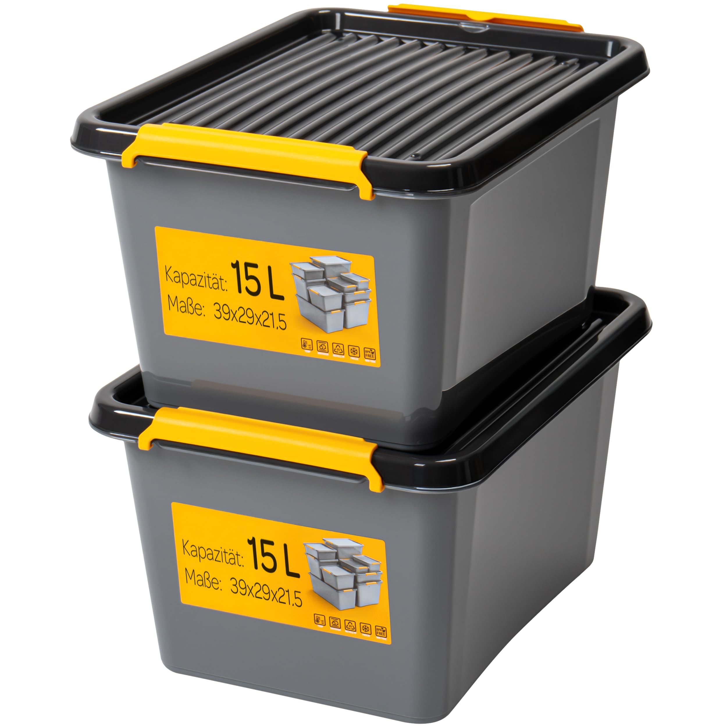 KONZEPT Boîte de rangement 15L avec couvercle, lot de 2 boîtes de rangement pour cave, atelier, garage, boîtes empilables en différentes tailles