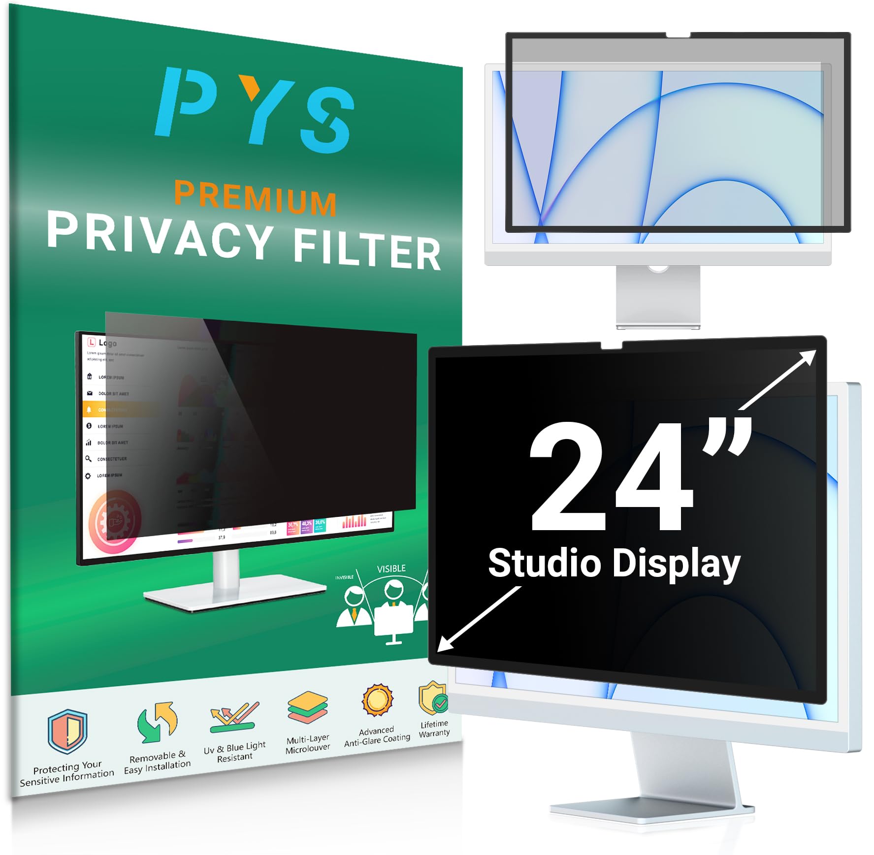 PYS Removable iMac Privacy Screen 24 inch Compatible with Apple Studio Display(2021), Monitor Privacy Screen for Apple Desktop Computer, Anti-Glare Protector and UV-Blocking Screen Protector Filter
