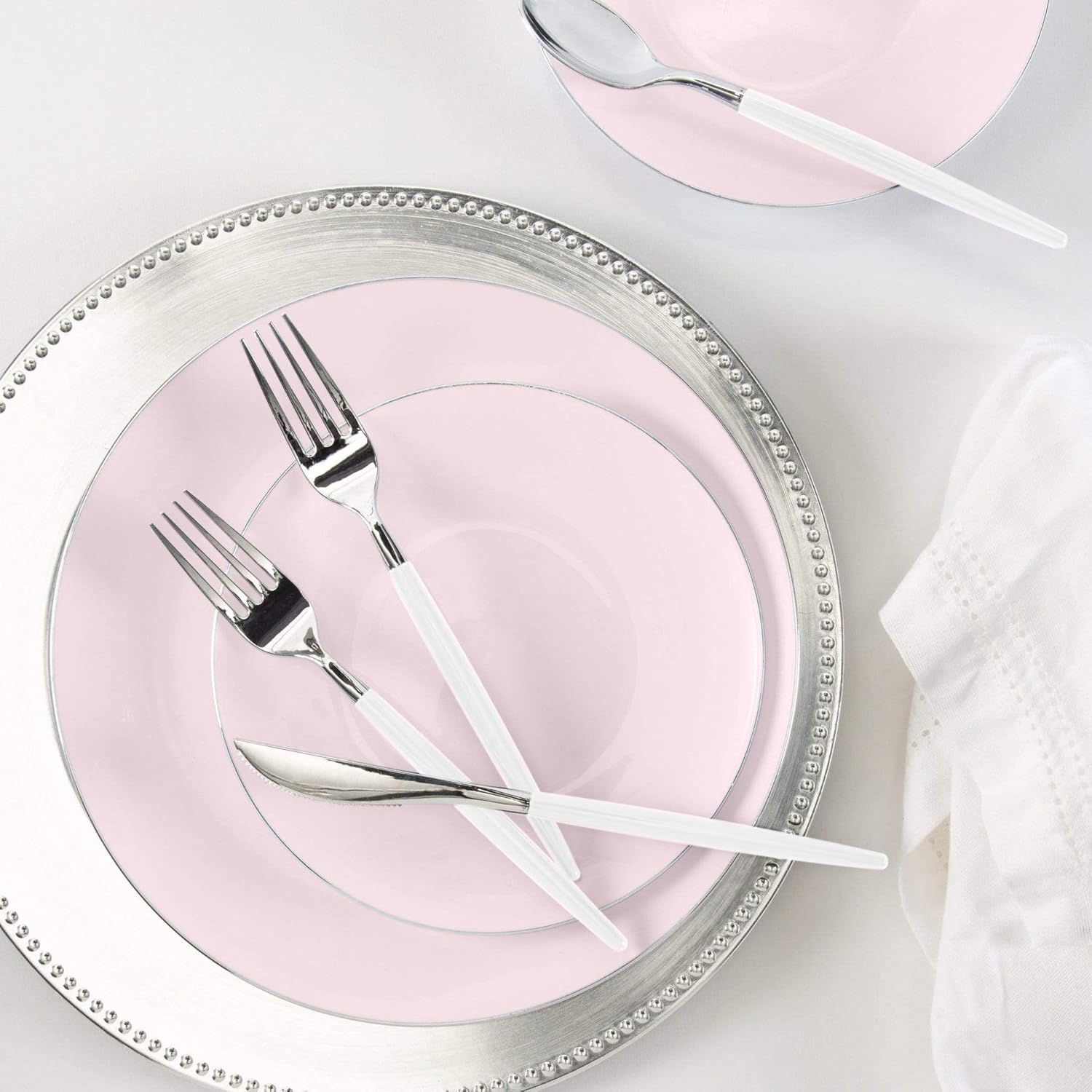 LUXE PARTY NYC Plastic 30 Pack Dinnerware Plates | Disposable| 7.5"| Salad Plate| Appetizer | Dessert| Partyware| Party Supplies | Holidays | Blush and Silver