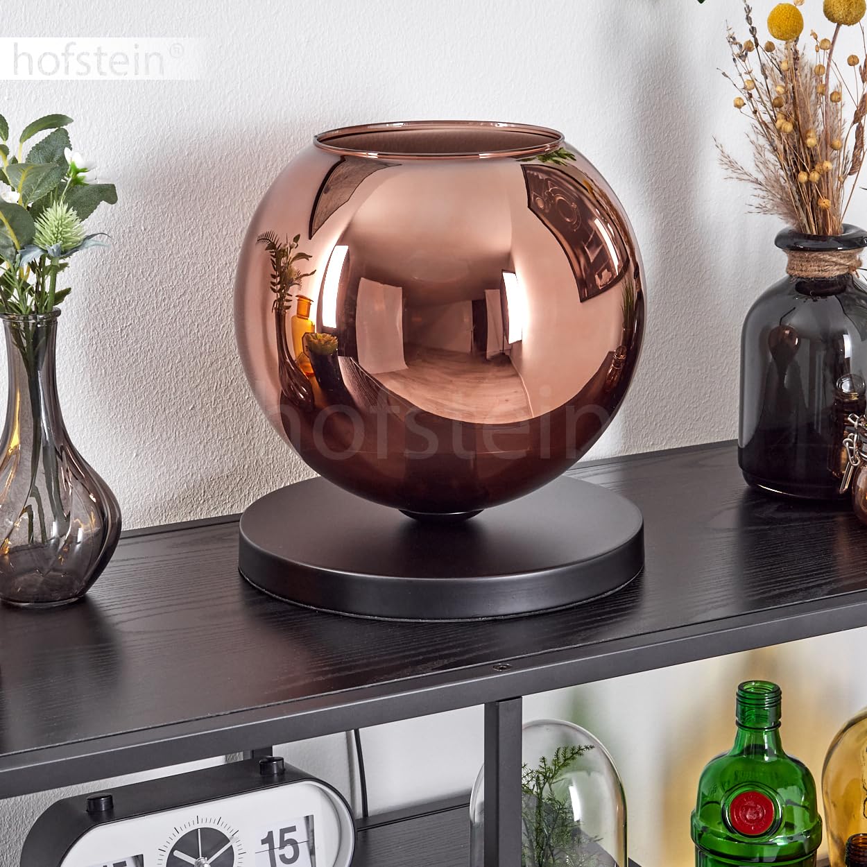Tischleuchte Koyoto, Tischlampe aus Metall/Glas in Schwarz/Kupferfarben, Leuchte im modernen Retro/Vintage-Design mit Schirm aus Glas (Ø 25 cm) u. An/-Auschalter am Kabel, 1 x E27, ohne Leuchtmittel