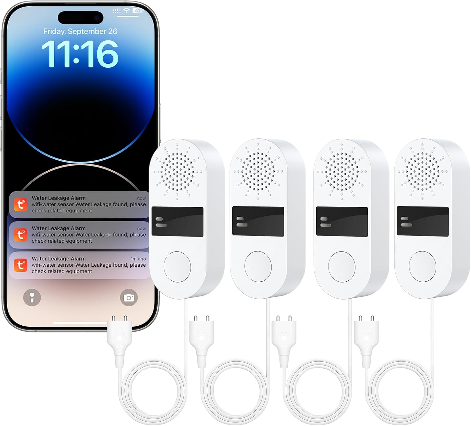 WiFi Water Leak Detector 4 Pack – Smart Water Leak Sensors with Tuya App Alerts, 130dB Loud Siren, 39″ Extended Probe, Battery Powered, No Hub Required for Kitchen Bathroom Basement Laundry Room