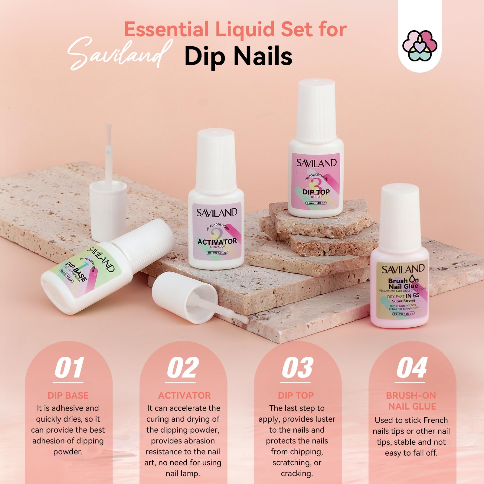 Saviland Dip Powder Nail Kit: 4 Colores de Queratina en Líquido de Polvo de Inmersión con uñas Francesas Consejos y Pegamento Dip Base & Top Coat Uñas Activador (No Necesita Lámparas de Uñas)