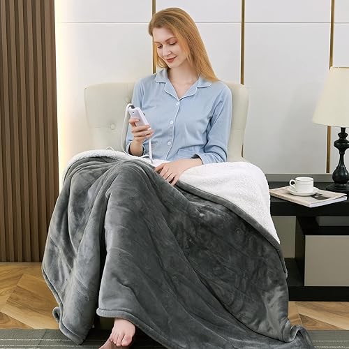 BESTCHIC Manta térmica eléctrica de 50 x 60 pulgadas, tamaño completo, manta de calentamiento rápido para sofá, 100% franela de poliéster, 4 niveles