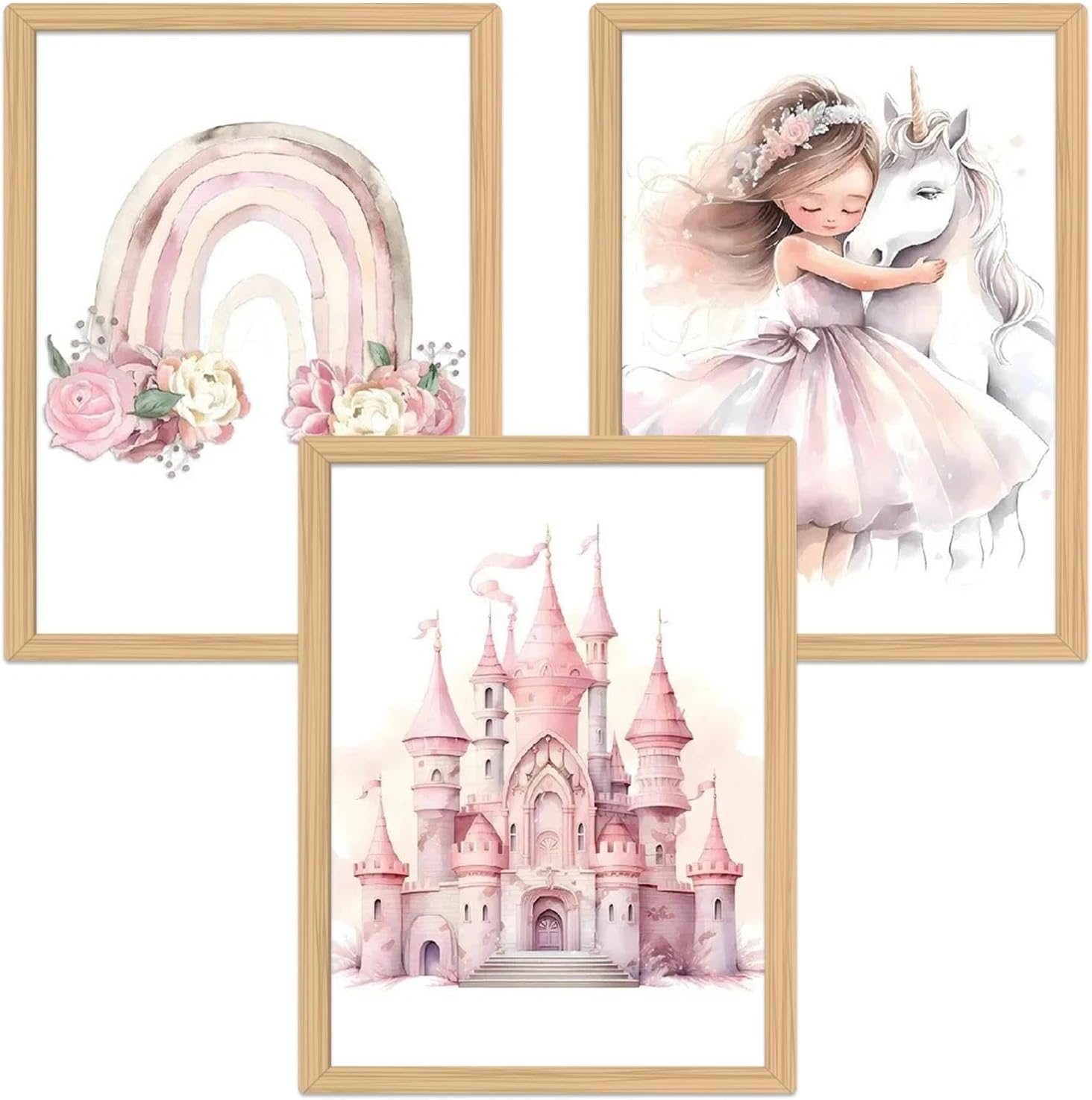 Zamety 3 Nursery Prints, Wall Art for Girls Bedroom, Pink Posters, Rainbow Unicorn Princess Castle-Themed Pink Wall Art, Room Decor for Bedroom Girls, Unframed Design 30×40cm