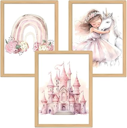 Zamety imágenes para habitación infantil: princesa, unicornio, castillo y arco iris, juego de 3 piezas, póster 30 x 40,