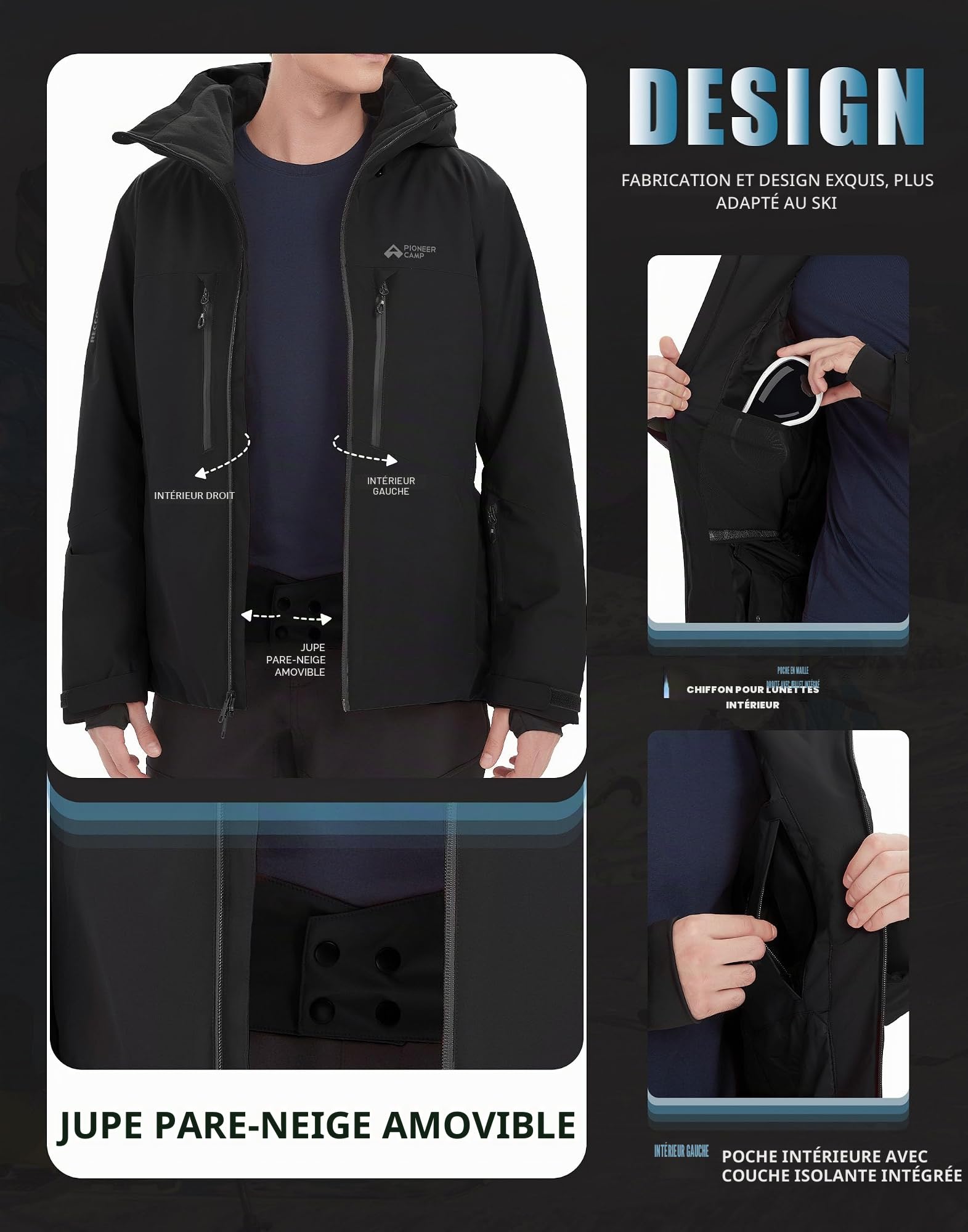 Pioneer Camp Homme Veste de Ski et Réflecteurs RECCO® Imperméable Snowboard avec Multi-Poches, Capuche