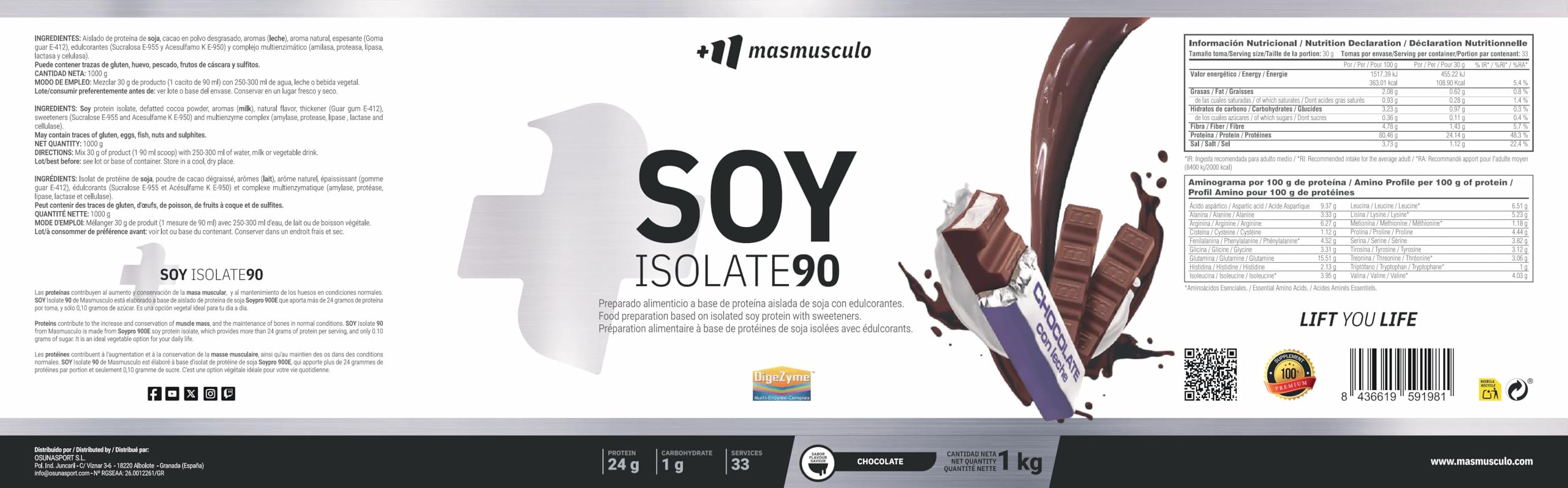 SOY Isolate 90 Proteína Aislada de Soja 1 Kg Vegano Sabor Chocolate