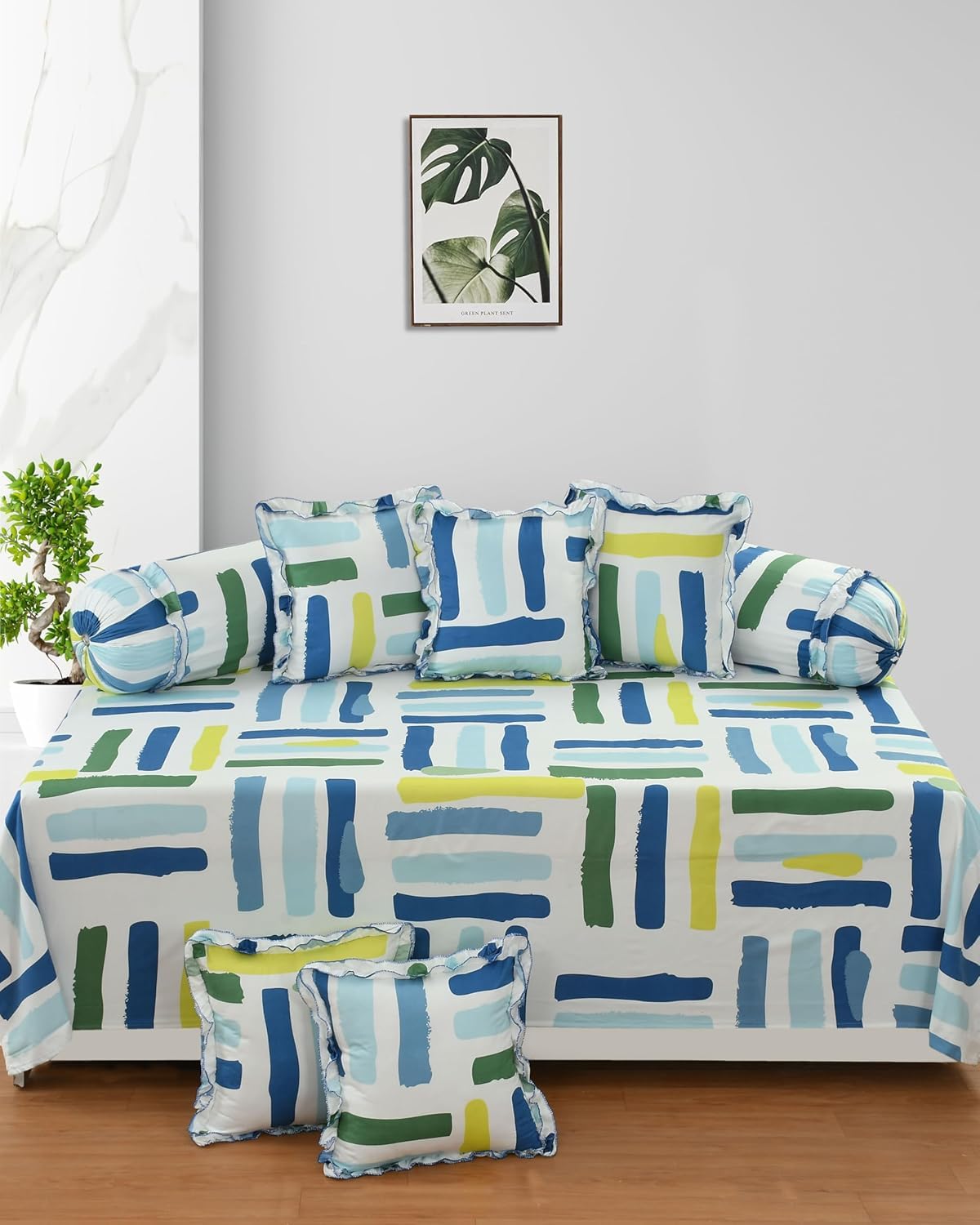 Amazing Frill Designer Diwan Set (1 Diwan Bedsheet, 2 Designer Frill Bolster Cover, 5 Designer Frill Cushion Cover Pack of 8 Pieces) (Multi Box)-picture-37