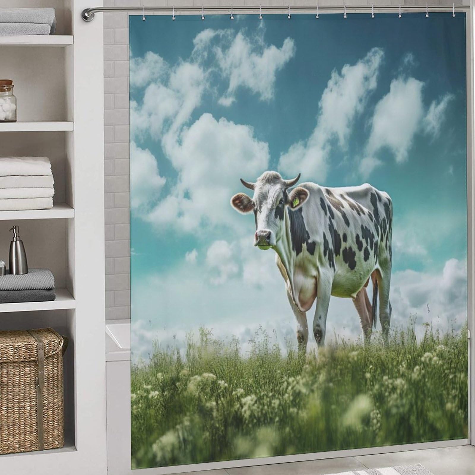 Rideau de douche vache en tissu polyester imperméable pour salle de bains 183cm