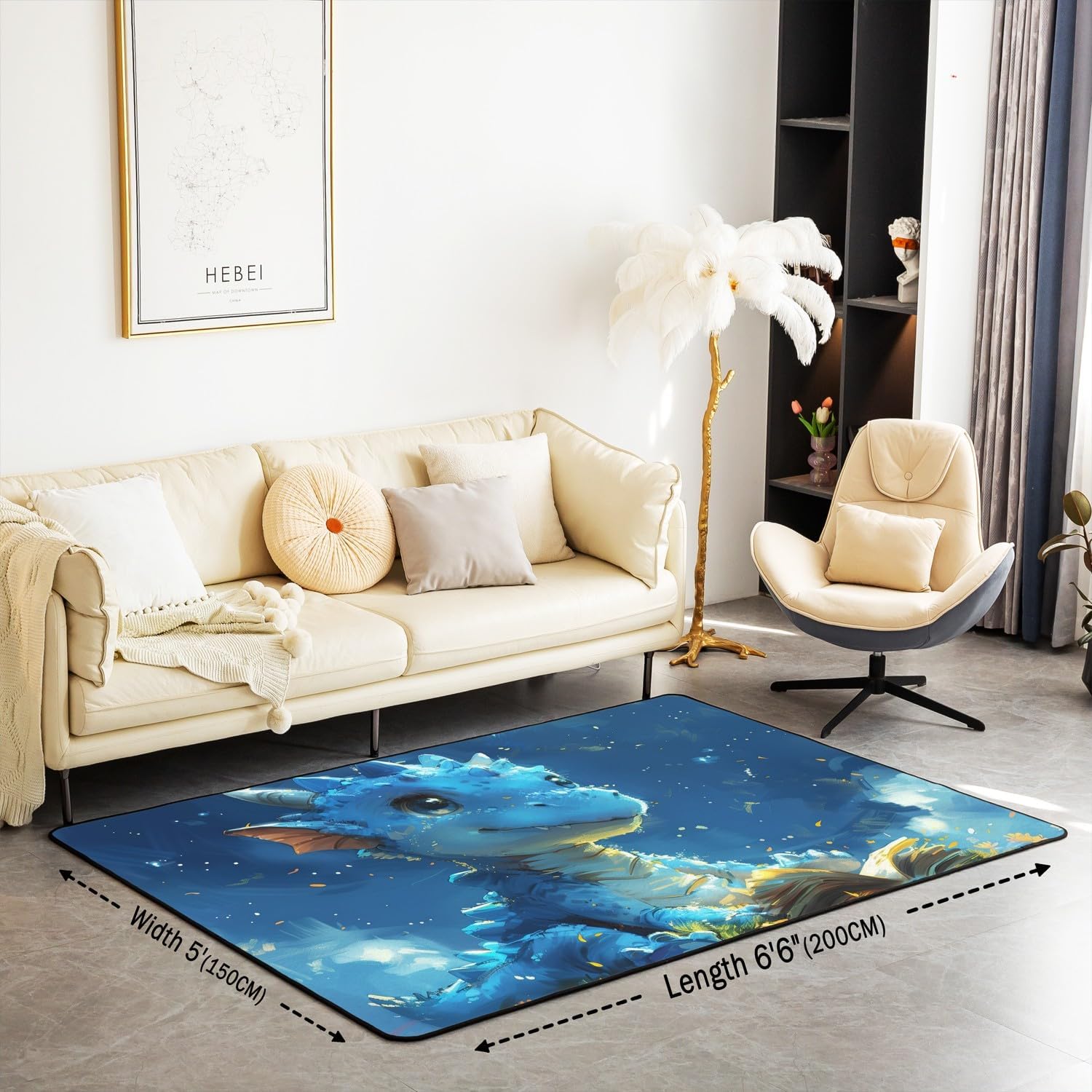 Erosebridal Cute Dinosaur Carpet 5x7,Kawaii Blue Pterosaur Area Rug for Boys Teens,Flood Dragon Indoor Floor Mat,Wild Rain Trees Animal Decorative Rug for Playroom