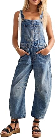Ladyful Womens Denim Bib Overalls Barrel Leg Adjustable Straps Jeans Work Street Romper Jumpsuits
