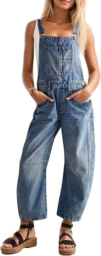 Ladyful Womens Denim Bib Overalls Barrel Leg Adjustable Straps Jeans Work Street Romper Jumpsuits