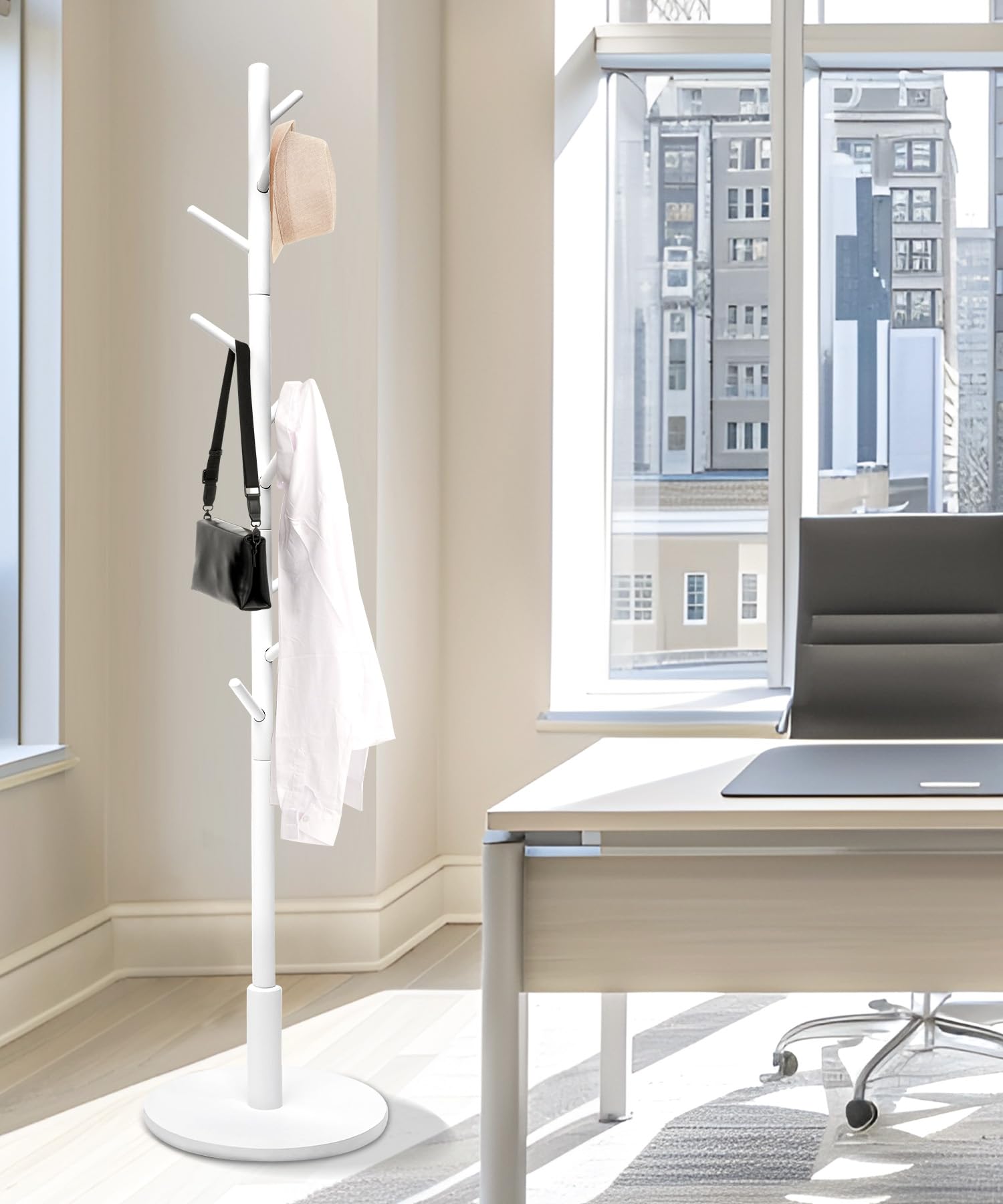 Yorbay Appendiabiti Faggio Massello Albero: 9 Ganci, 38 x 179 cm (Bianco) | Appendiabiti a Forma di Albero per Giacche Cappelli Borse - per Camera da Letto Ufficio Ingresso