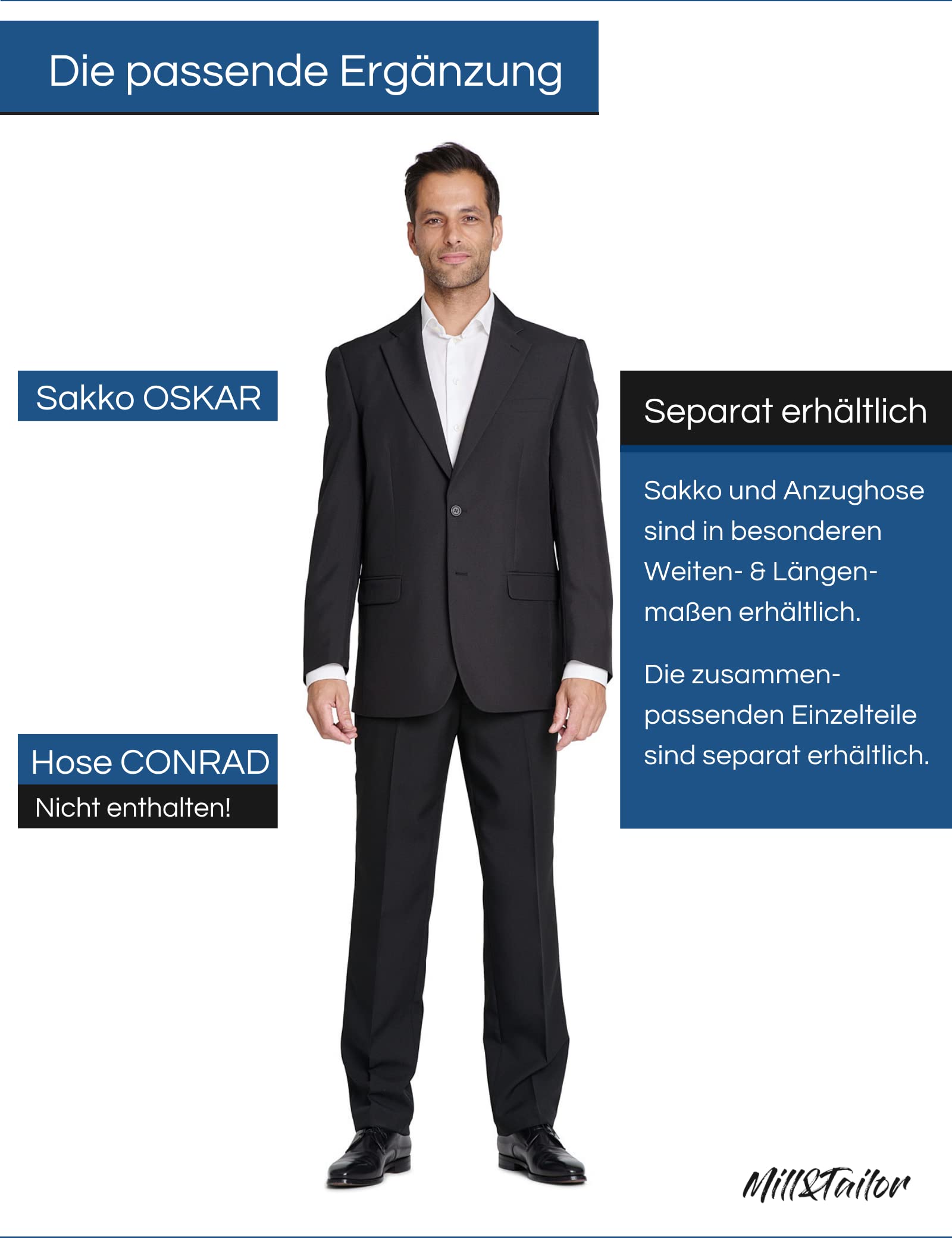 Mill&Tailor Herren Sakko Schwarz Oskar I Schickes Sakko für Männer I Baukasten System I Modern & Sportlich I Jackett für Hochzeit & Business I Herrensakko für kräftige Männer