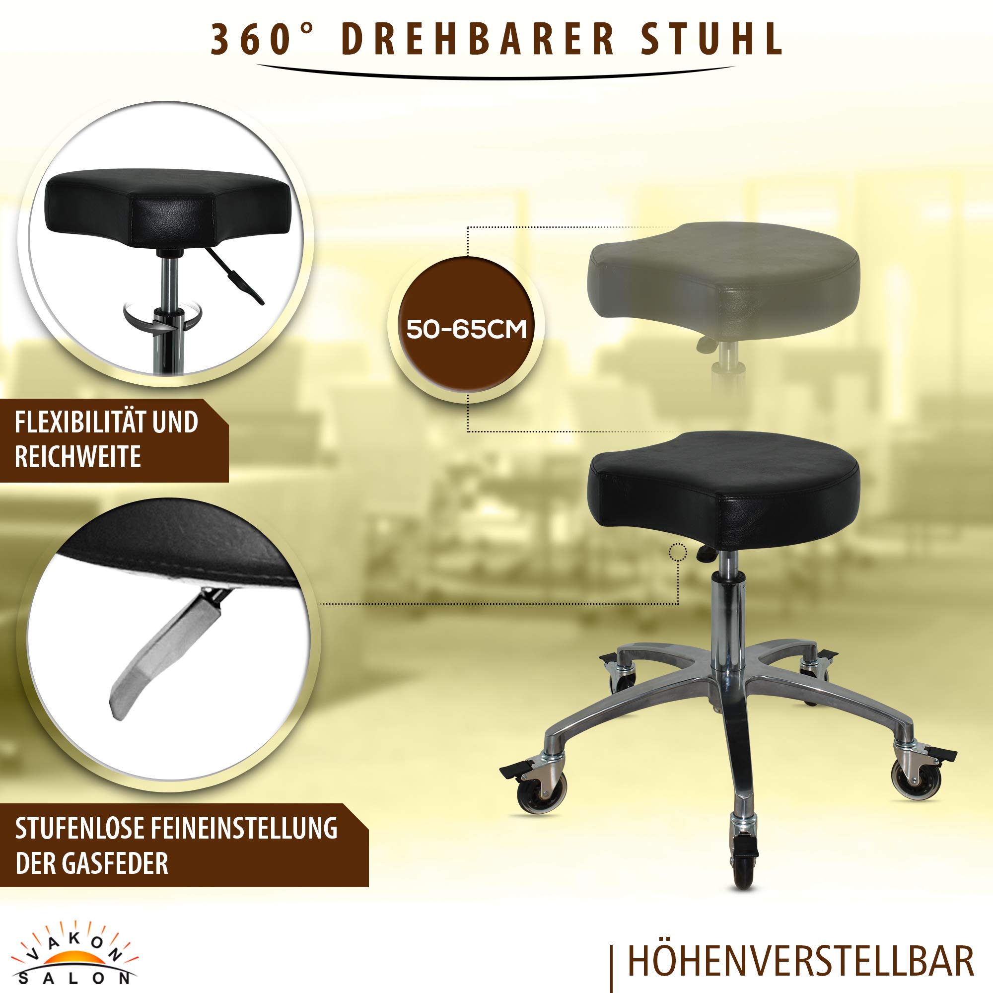 VAKON SALON - Ergonomischer Rollhocker - Premium Rollen mit Bremse - Höhenverstellbarer von 50-65 cm - Drehhocker Arbeitshocker Praxishocker