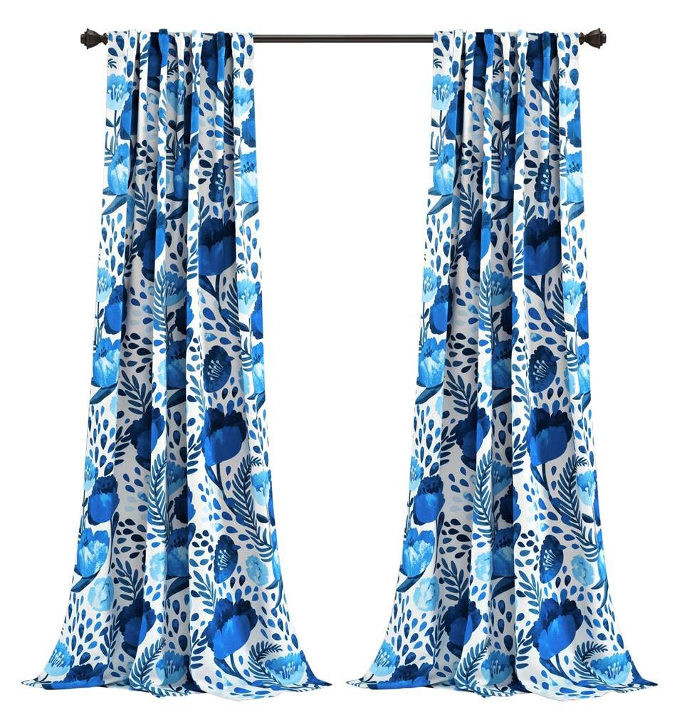 Lush Decor x 52", Blue Poppy Garden Curtains Light Filtering Window Set for Living, Dining, Bedroom, 84 in L Panel Pair