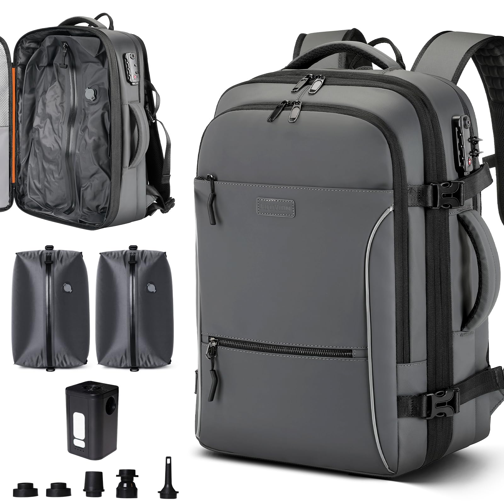 FIROVIAN 70L Travel Backpack With Vacuum Compression System,Grey | 70L Vacuum Backpack, 2 Detachable TPU Bags, TSA Lock, Fits 16" Laptop, Water-Resistant Travel & Business