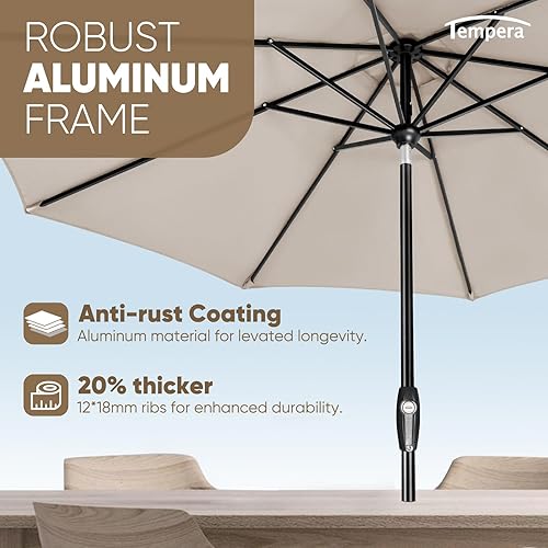Miniatura 5 de Tempera - Sombrilla de jardín de 10 pies con inclinación automática y función de manivela, 8 varillas de acero