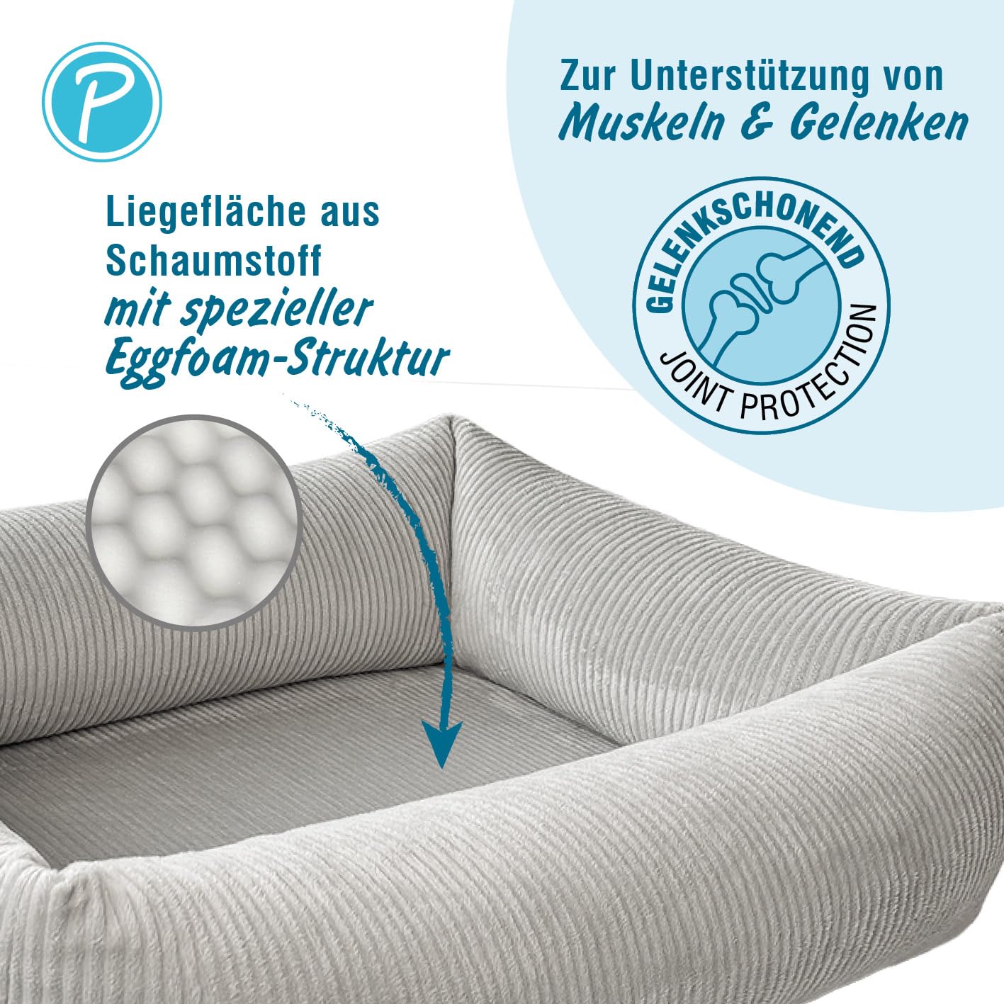 Petlando orthopädisches Hundebett, ergonomisches Hundesofa, Stabiler Rand, rutschfest, weicher Cord Bezug waschbar bei 60°C, Dog Bed LikeOrtho Luke Grau, S für kleine Hunde L 80 x B 60 x H 25 cm