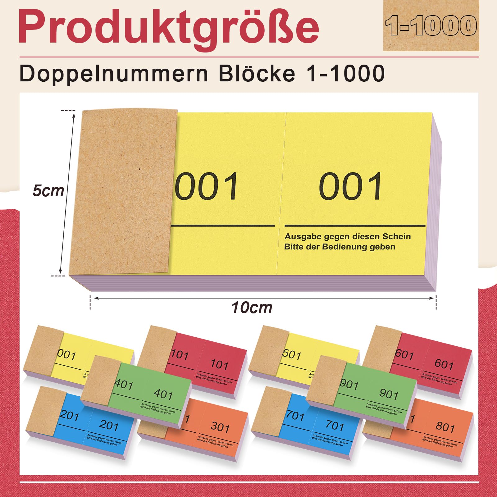Nezyo Blocs Numerados 1-1000 Tickets Números Blocs de Notas de Números Dobles Papeletas Guardarropa para Eventos Ferias Rifas Sorteo Consumición, 10 x 5 cm(Amarillo, Rojo, Azul, Naranja, Verde)