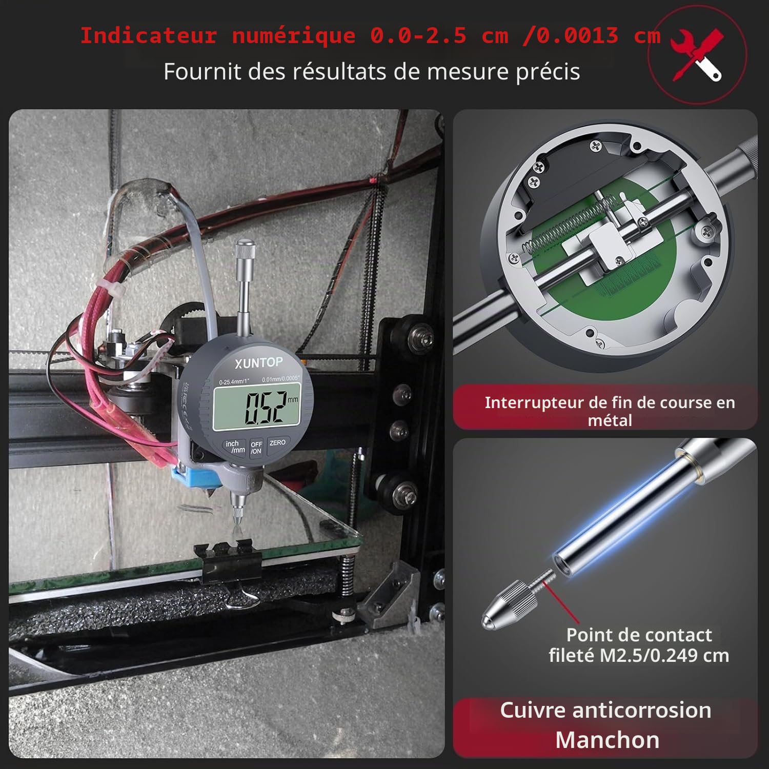 XUNTOP Comparateur Digital 0-25.4 mm avec Base Magnétique 60 kg Indicateur Numérique Haute Précision 0,01 mm Zéro Automatique Conversion mm/pouce Support Articulé pour CNC Tour Fraiseuse