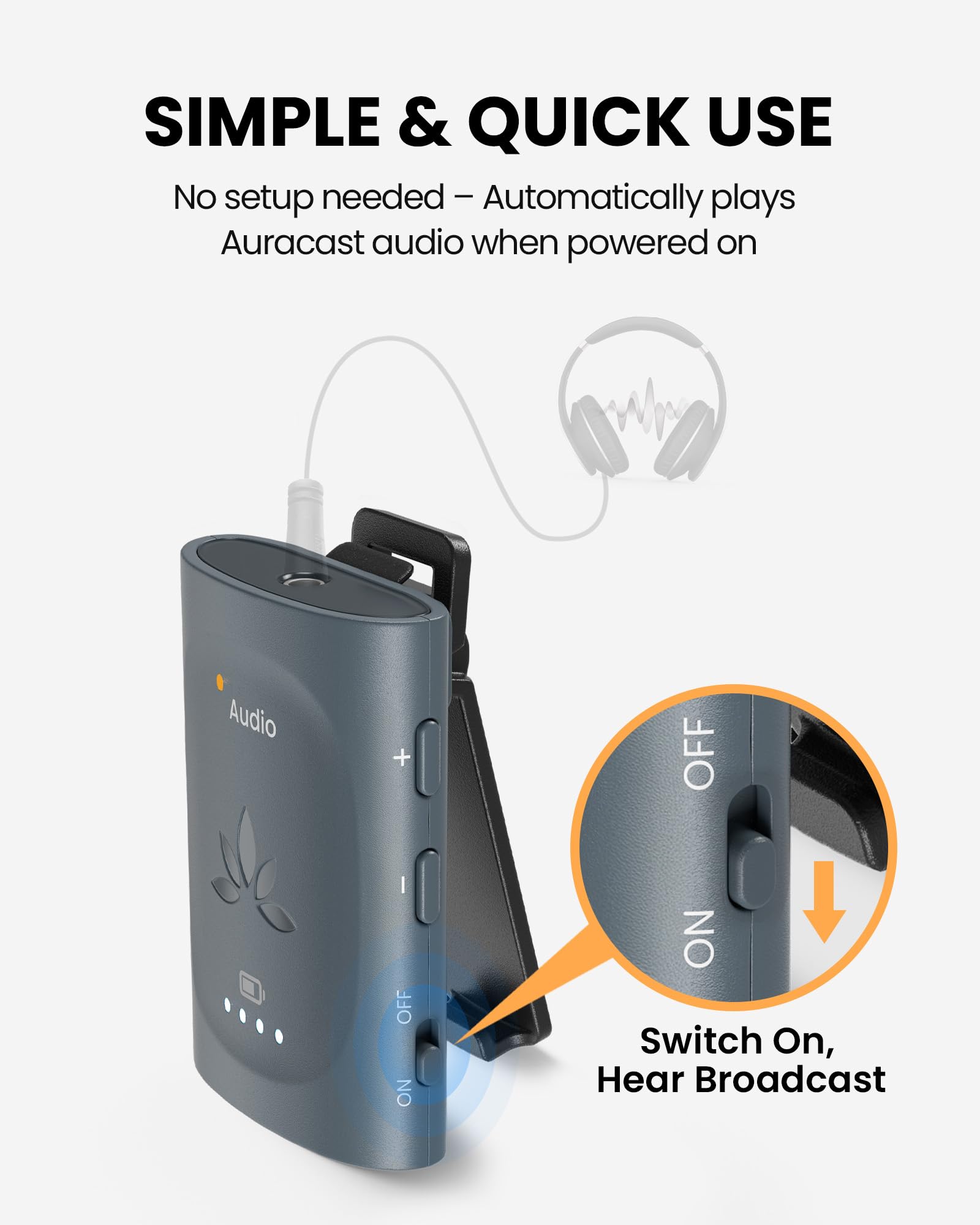 Avantree AuraClip – Auracast Empfänger für Kirchen, Theater & öffentliche Bereiche, ermöglicht Nutzung von 3,5mm Kopfhörern mit Auracast Broadcast-Audio, Clip-on Design, 16 Std. Akku, 100 m Reichweite