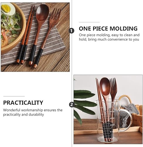 Miniatura 6 de Cabilock 2 juegos de vajilla de madera cubiertos portátiles tenedor de madera Platos y utensilios de camping Utensilios de cena de madera Utensilios