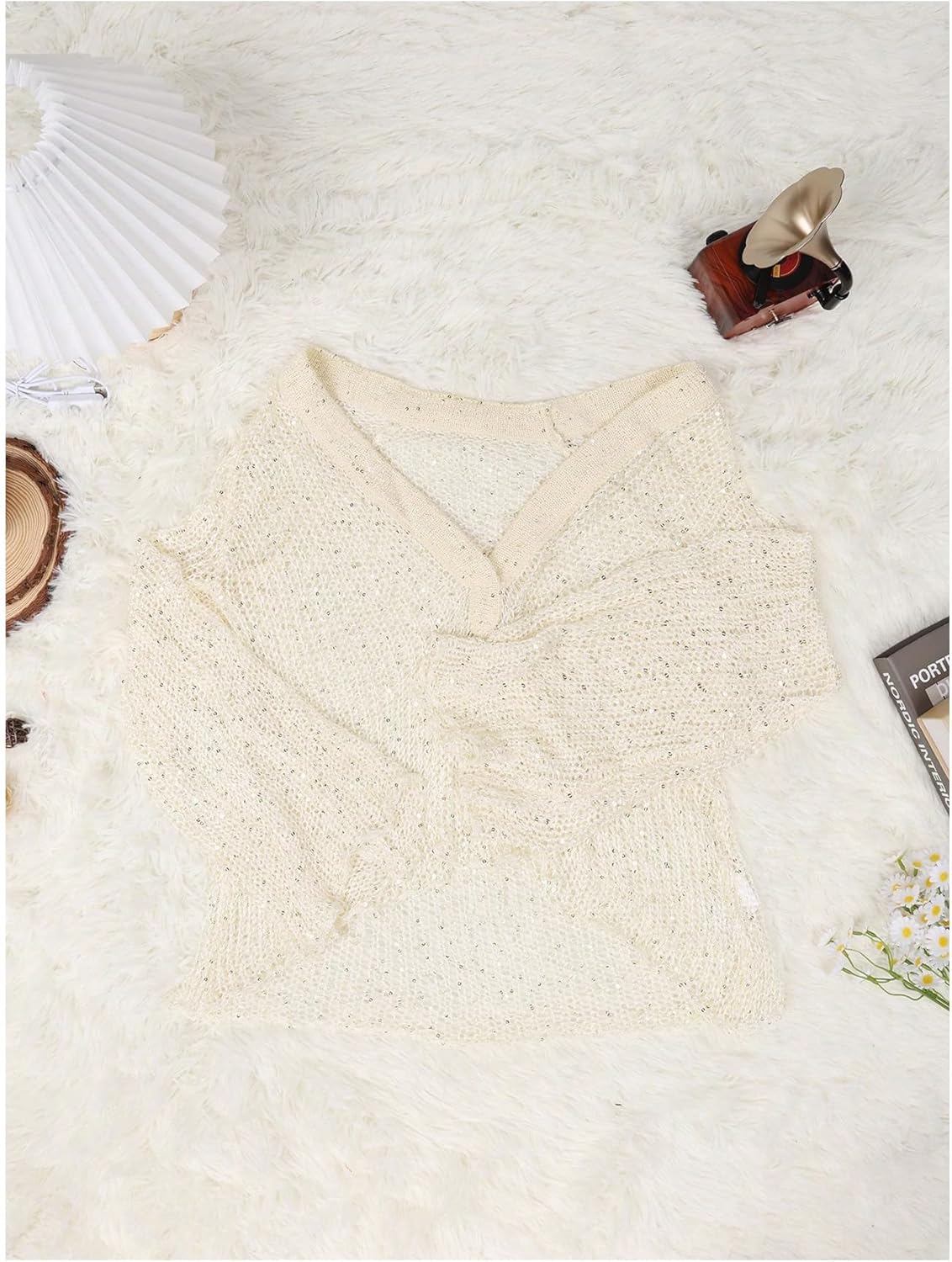 SweatyRocks Women's Sequin Sheer Crochet Sweaters V Neck Hollow Out Bell Sleeve Pullover Cover Ups Top