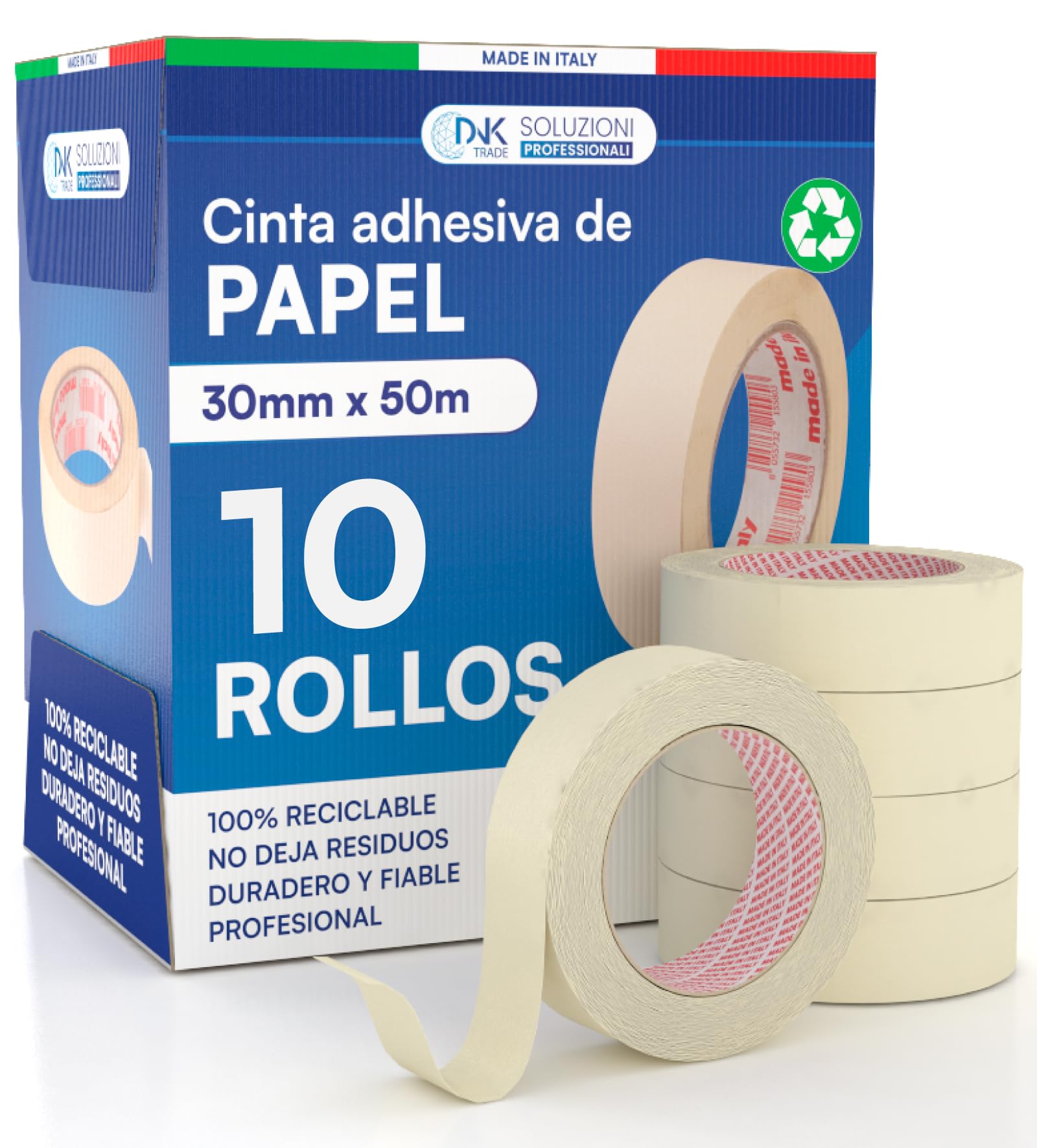 DNK TRADE 10x Cinta de Carrocero Para Pintar y Enmascarar 30mm x 50m - Removible Sin Residuos, Sin Disolventes - Cinta de Pintor Con Papel