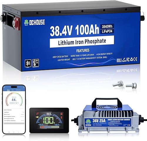 DC HOUSE LiFePO4 - Batería de litio para carrito de golf de 36 V 100 Ah con cargador de 36 V 25 A, aplicación móvil Bluetooth y monitor LCD, 200 A