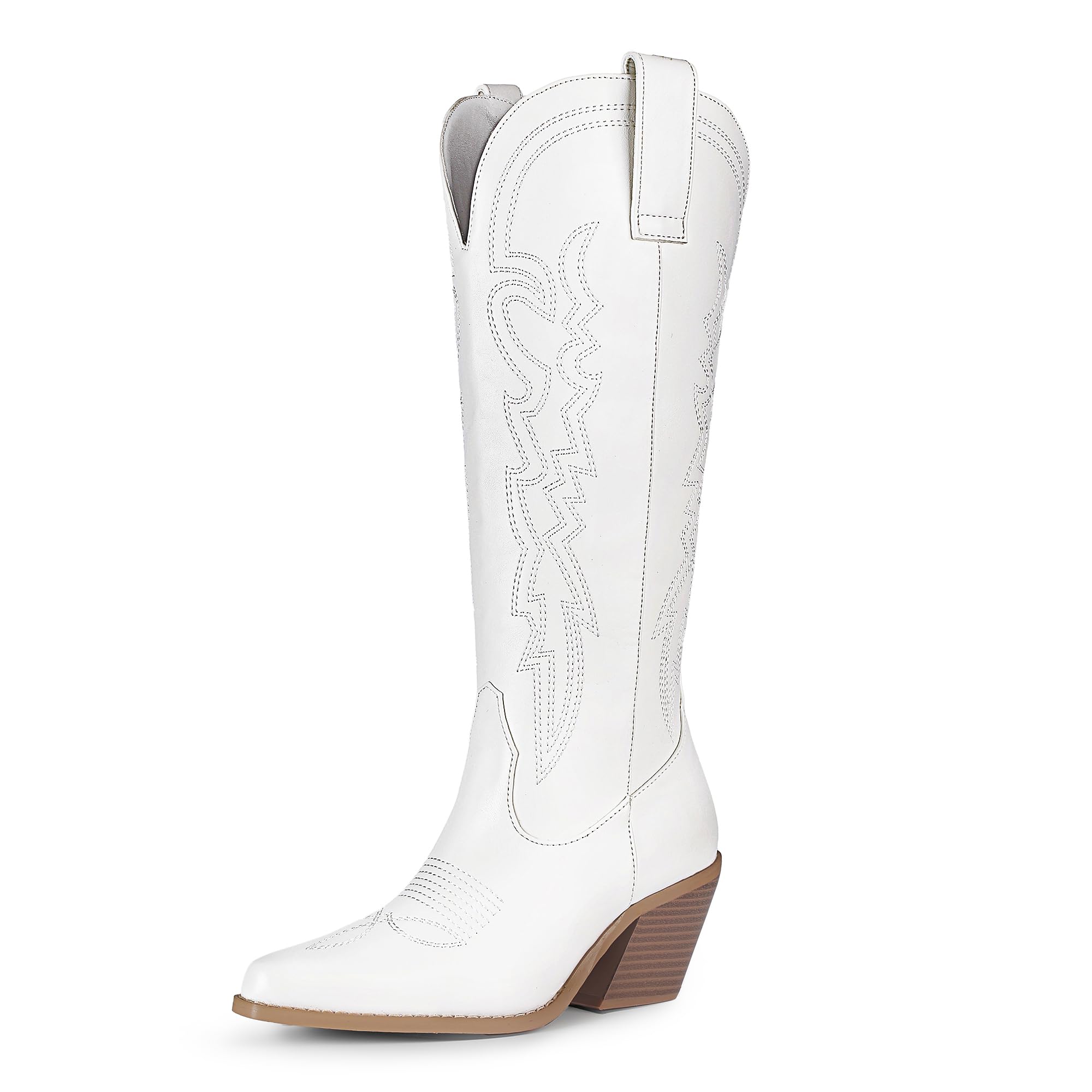 IDIFU IN3 Cowboy Boots for Women Cowgirl Knee High Western Embroidered Booties Side Zipper Low Block Chunky Heel