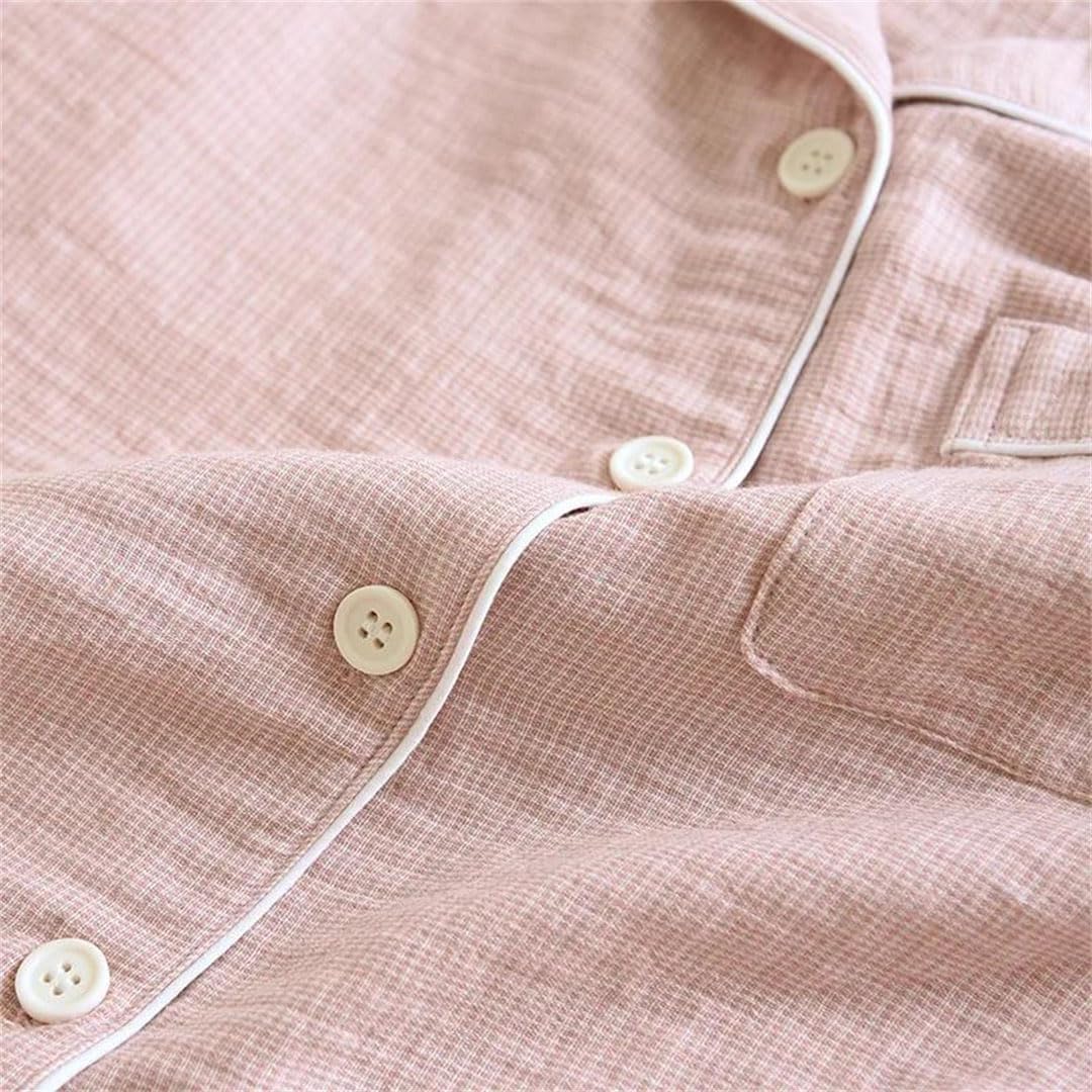 Conjunto de pijama de gasa de algodón para hombre y mujer, a cuadros, manga larga, ropa de casa de dos piezas