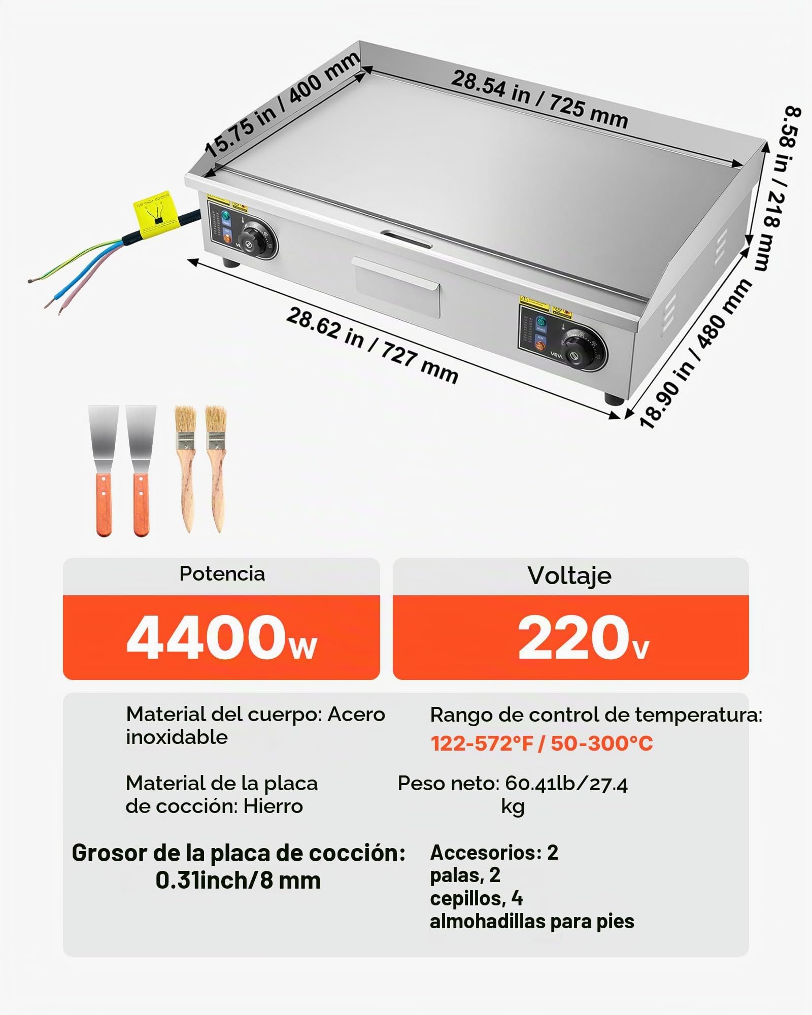 VEVOR Plancha Eléctrica Profesional 725x400 mm 4400 W, Termostato Ajustable de 50 a 300 °C, Placa con Protección contra Salpicaduras, Cuerpo de Acero Inoxidable, para Uso en Interiores y Exteriores